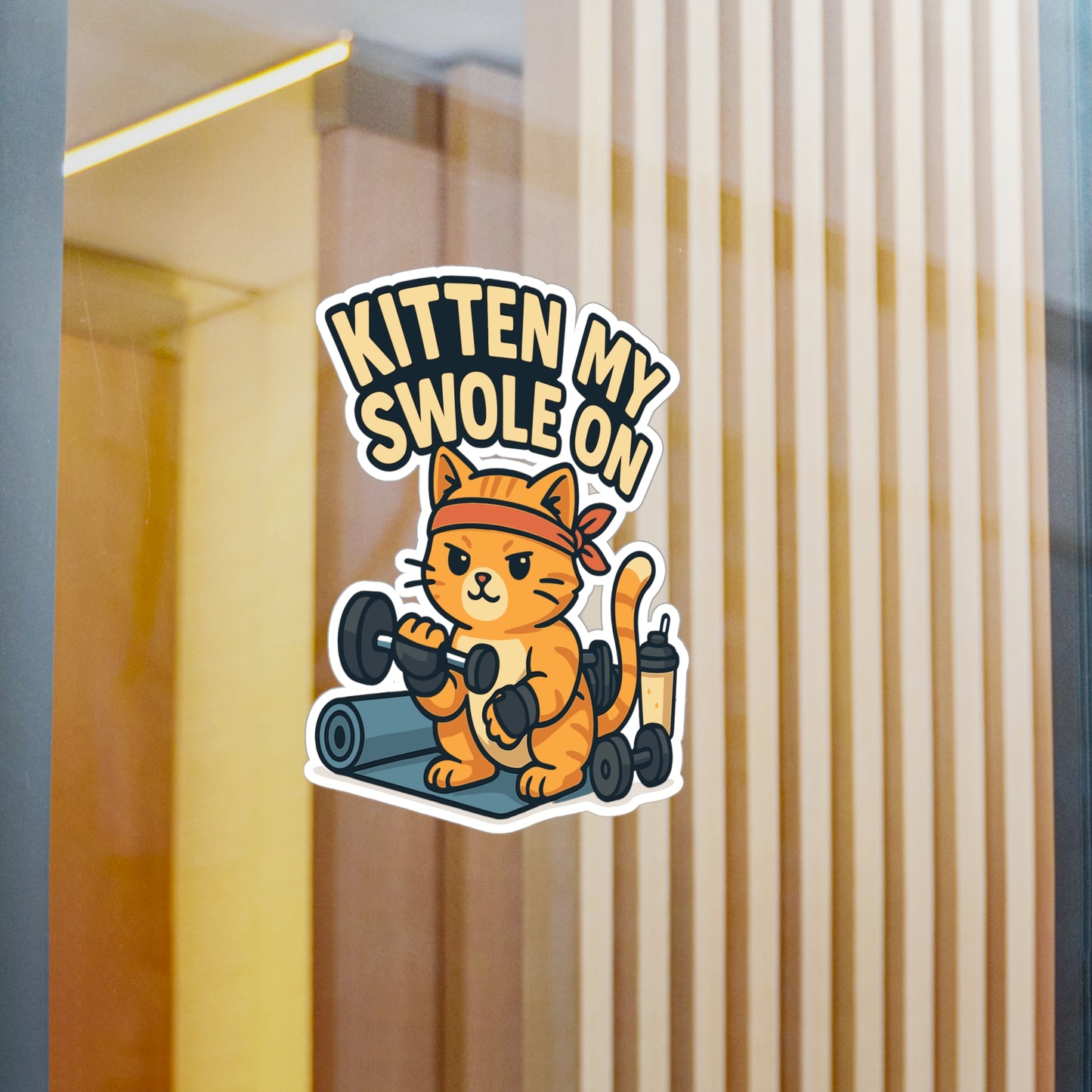 Workout Sticker – "Kitten My Swole On" Cute Kitten Weightlifting Vinyl Decals, Waterproof for Laptop or Water Bottle