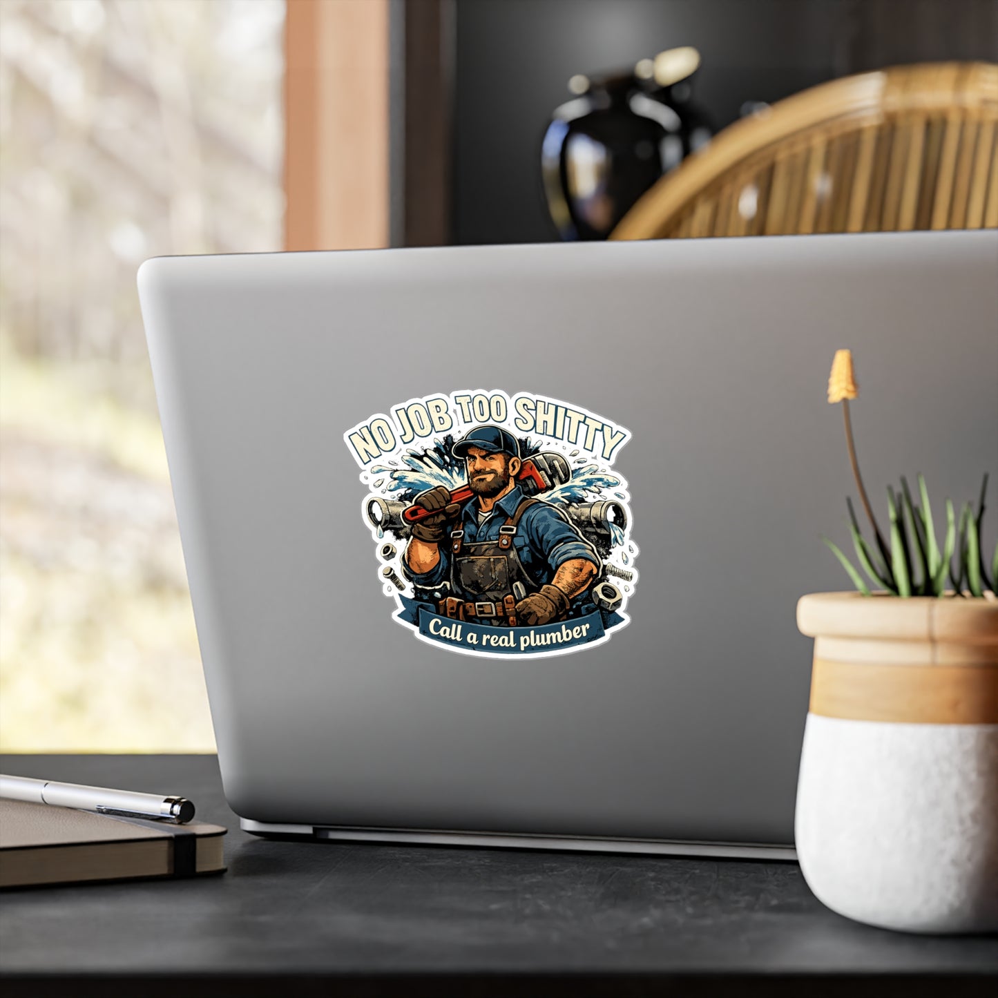 Plumber Sticker Funny "No Job Too Shitty" Design – Waterproof Vinyl Decals for Laptop, Water Bottle, Pipefitter Plumbing Gift