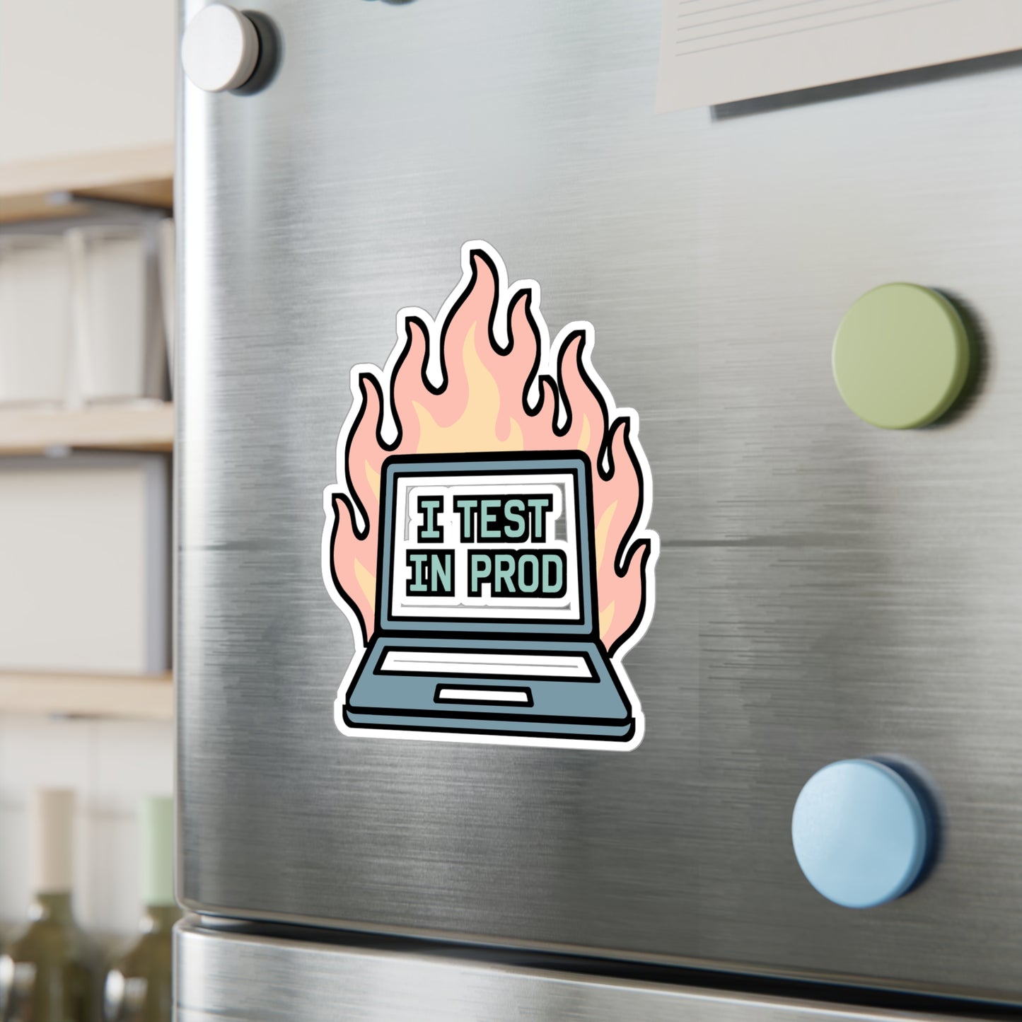 Developer Sticker – "I Test In Prod" Funny Coding Decal for Laptop, Water Bottle, Programmers, Software Engineers, Waterproof Vinyl, Programming Gift