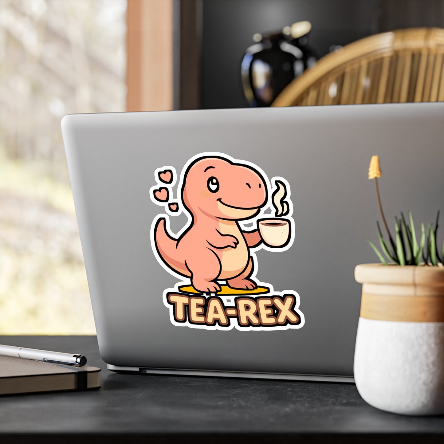 Dinosaur Sticker – Tea Rex Cartoon Pun Decals, Funny Wordplay Design for Laptop, Water Bottle, Waterproof Vinyl Decor