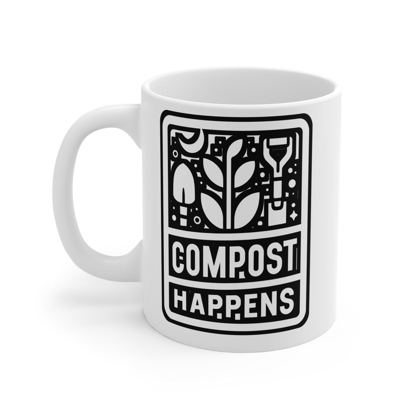 Compost Happens - Gardening Mug for Coffee 11oz. Gardening Cup, White ceramic, Landscaper Mug, Lawn-mower Tea Cup - Gardening Gift