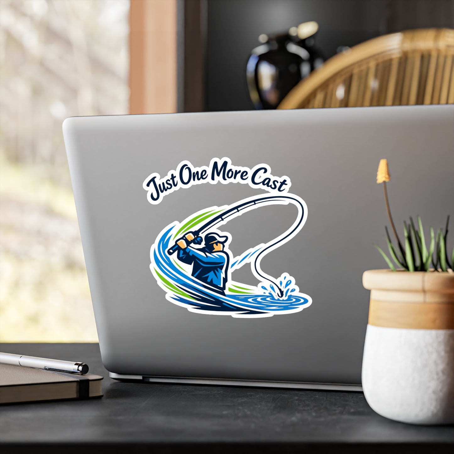Fishing Sticker Just One More Cast – Waterproof Vinyl Decals for Laptop, Water Bottle, Angling Lake Boating Lovers