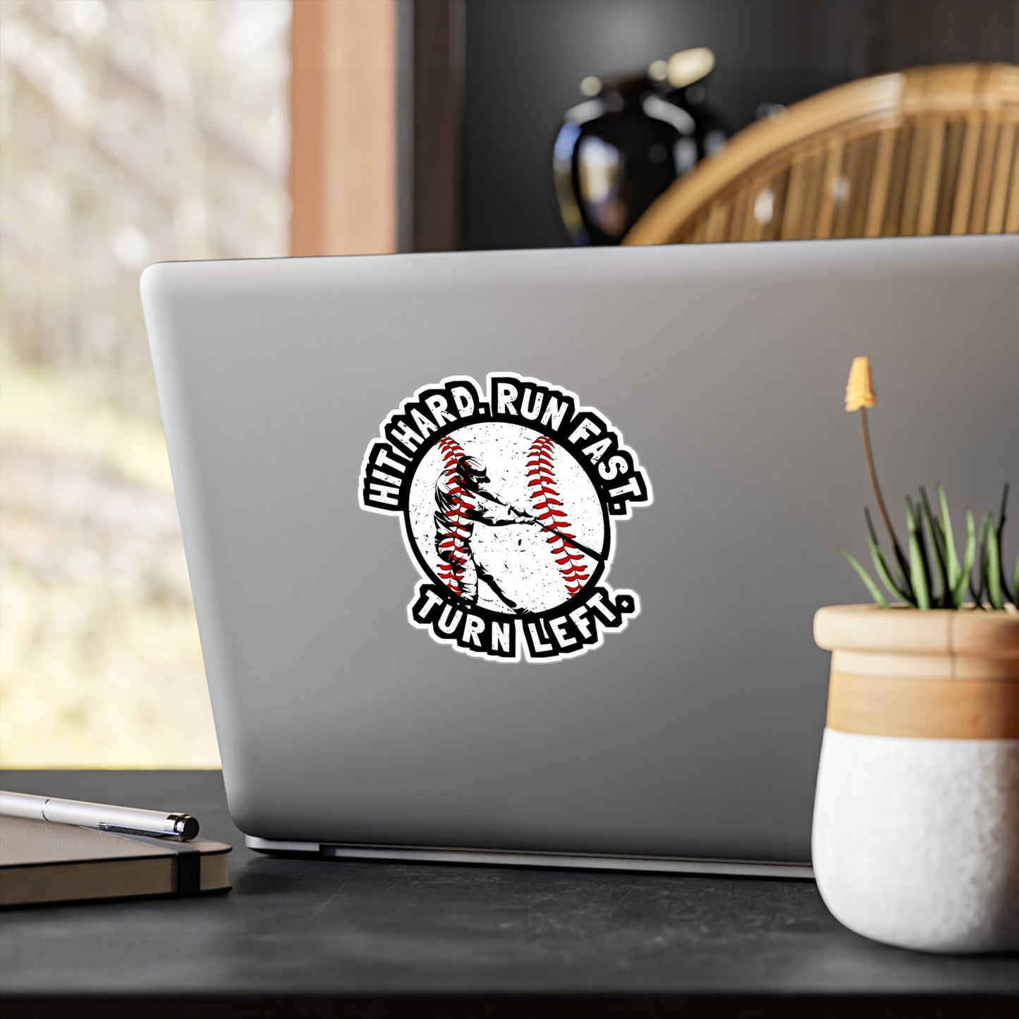 Hit Hard Run Fast Turn Left - Baseball Sticker for Laptop Sticker. Water Bottle Sticker, Vinyl Softball Decal - Baseball Gift