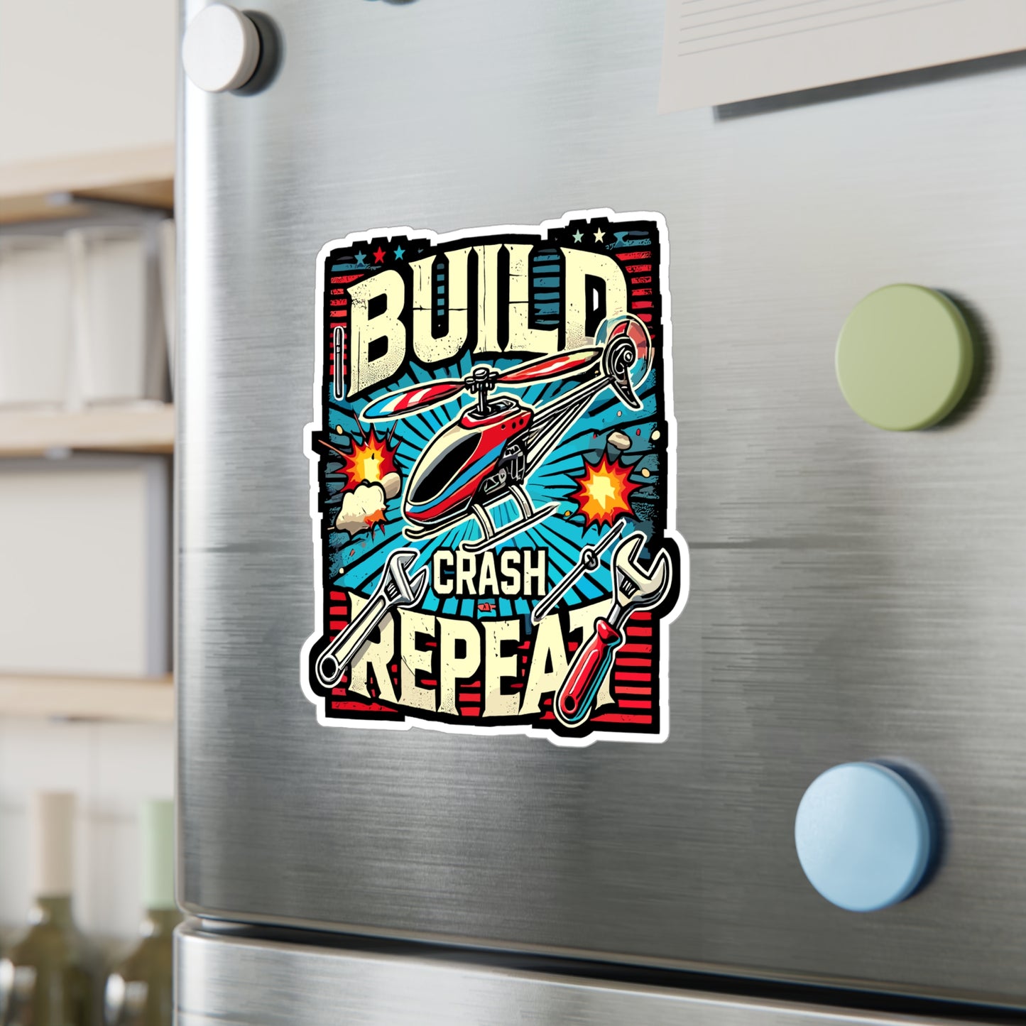 Build Crash Repeat - RC helicopter Sticker for Laptop Sticker. Water Bottle Sticker, Vinyl Model building Decal - RC helicopter Gift