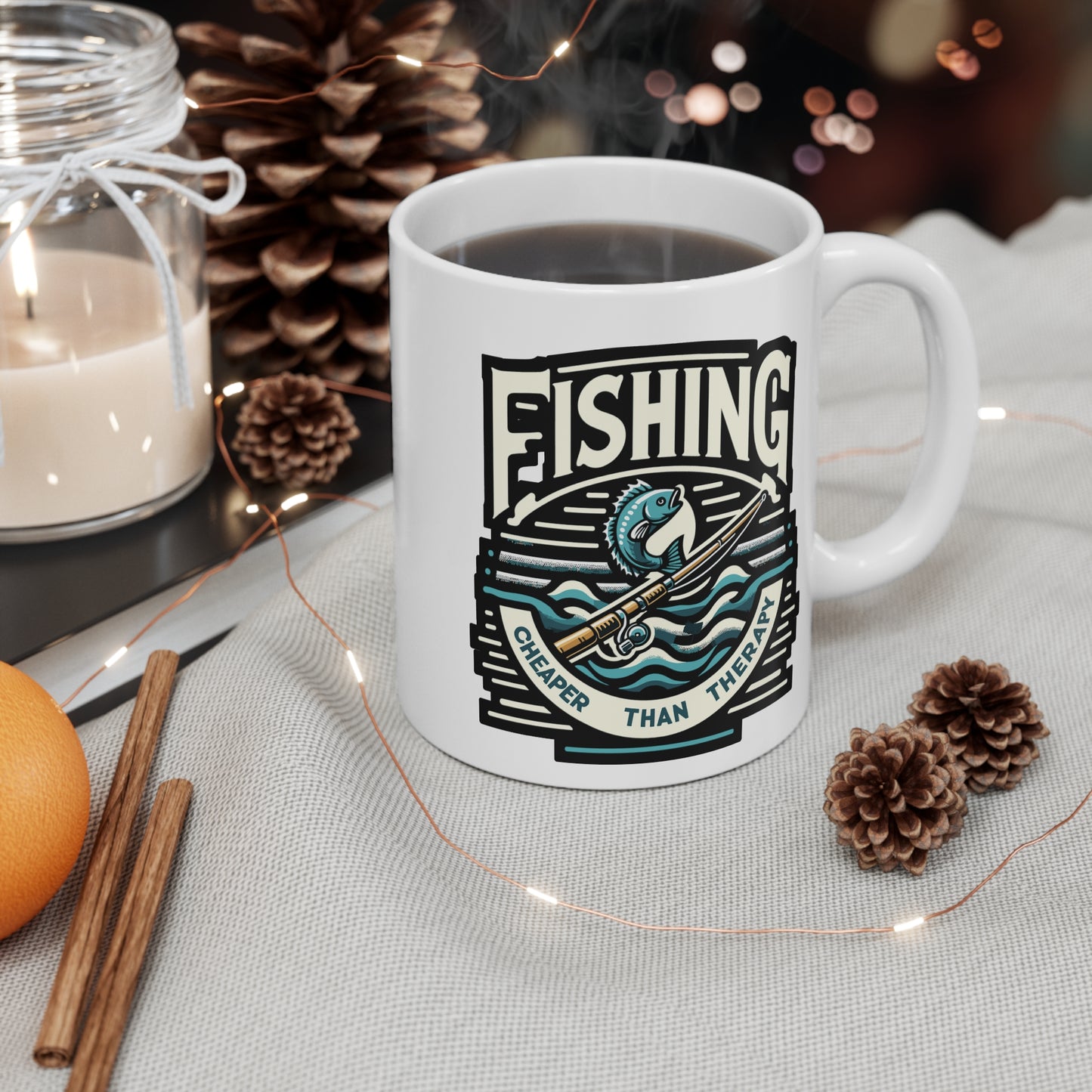 Fishing cheaper than therapy - Fishing Mug for Coffee 11oz. Fishing Cup, White ceramic, Angling Mug, Lake Tea Cup - Fishing Gift