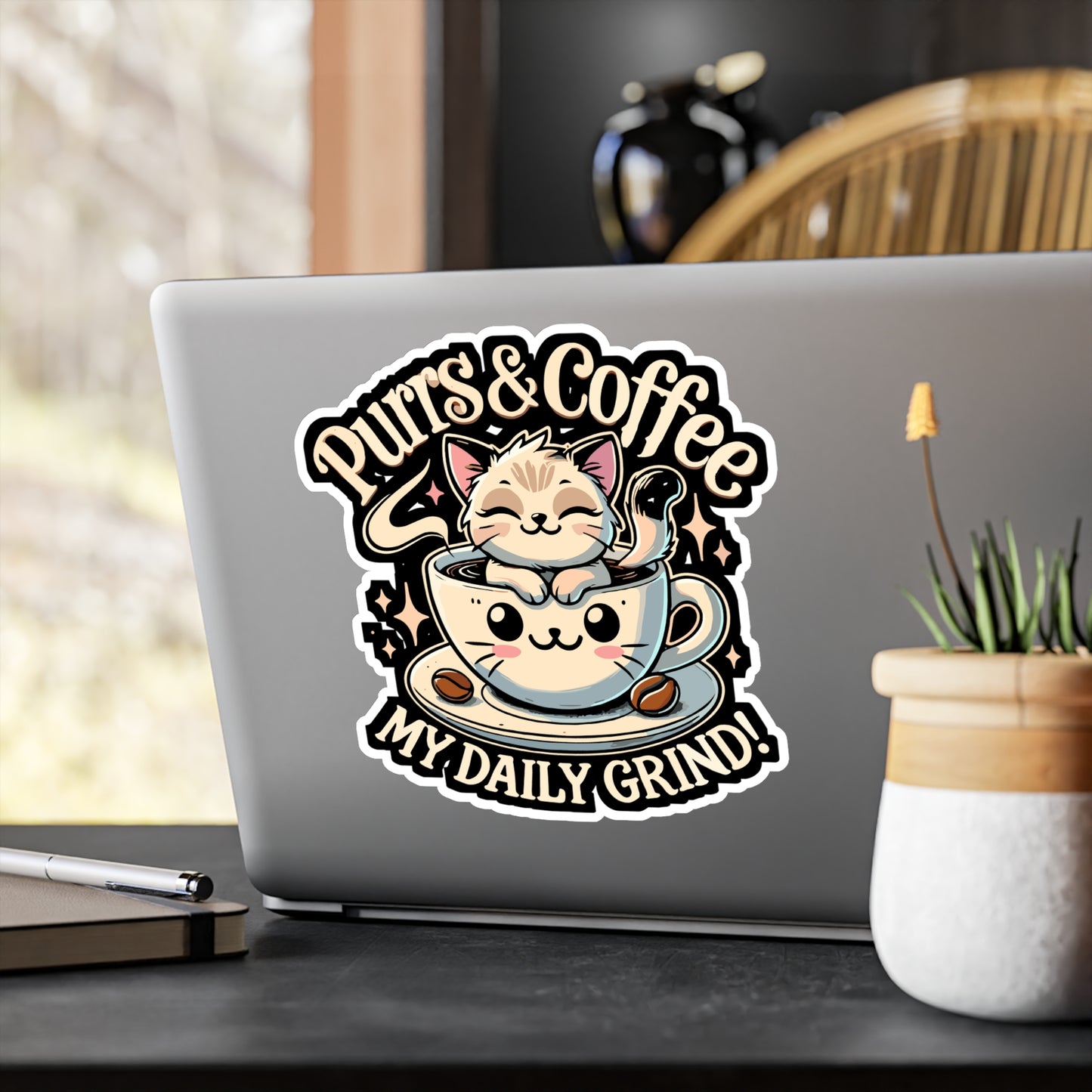 Purrs & Coffee My Daily Grind - Cat Sticker for Laptop Sticker. Water Bottle Sticker, Vinyl Coffee Decal - Cat Gift