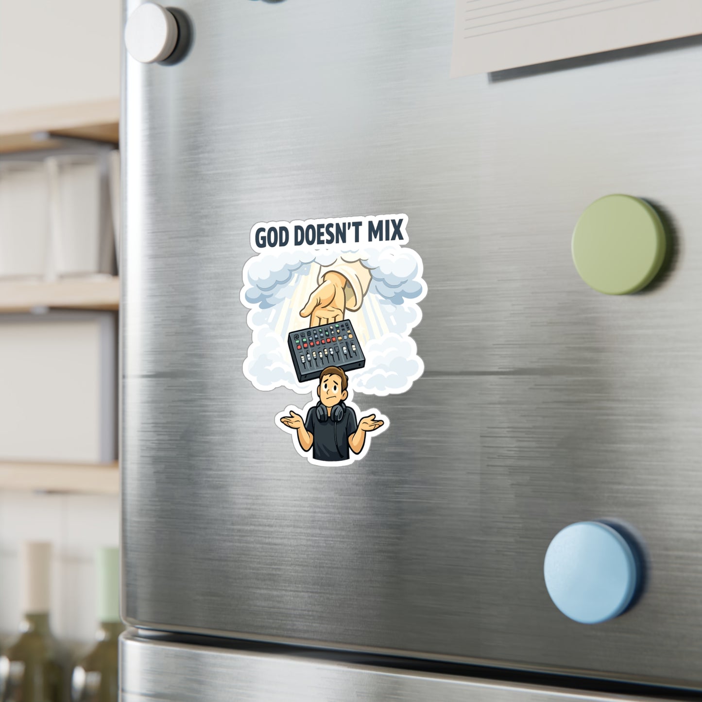 Audio Engineer Sticker God Doesn’t Mix Vinyl Waterproof decals for Laptop Water Bottle, Sound Engineer Audio Technician Monitor Humor