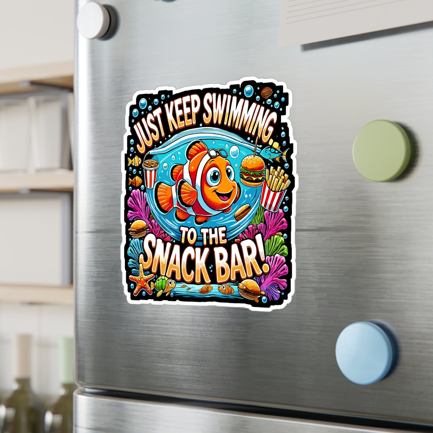 Just Keep Swimming to the Snack Bar - Snack lover Sticker for Laptop Sticker. Water Bottle Sticker, Vinyl Ocean humor Decal - Snack lover Gift