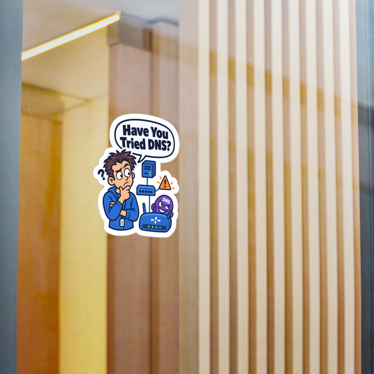 Tech Sticker "Have You Tried DNS" – Funny IT Decals with Reboot Button Humor, a Tech Bandage for Your Laptop