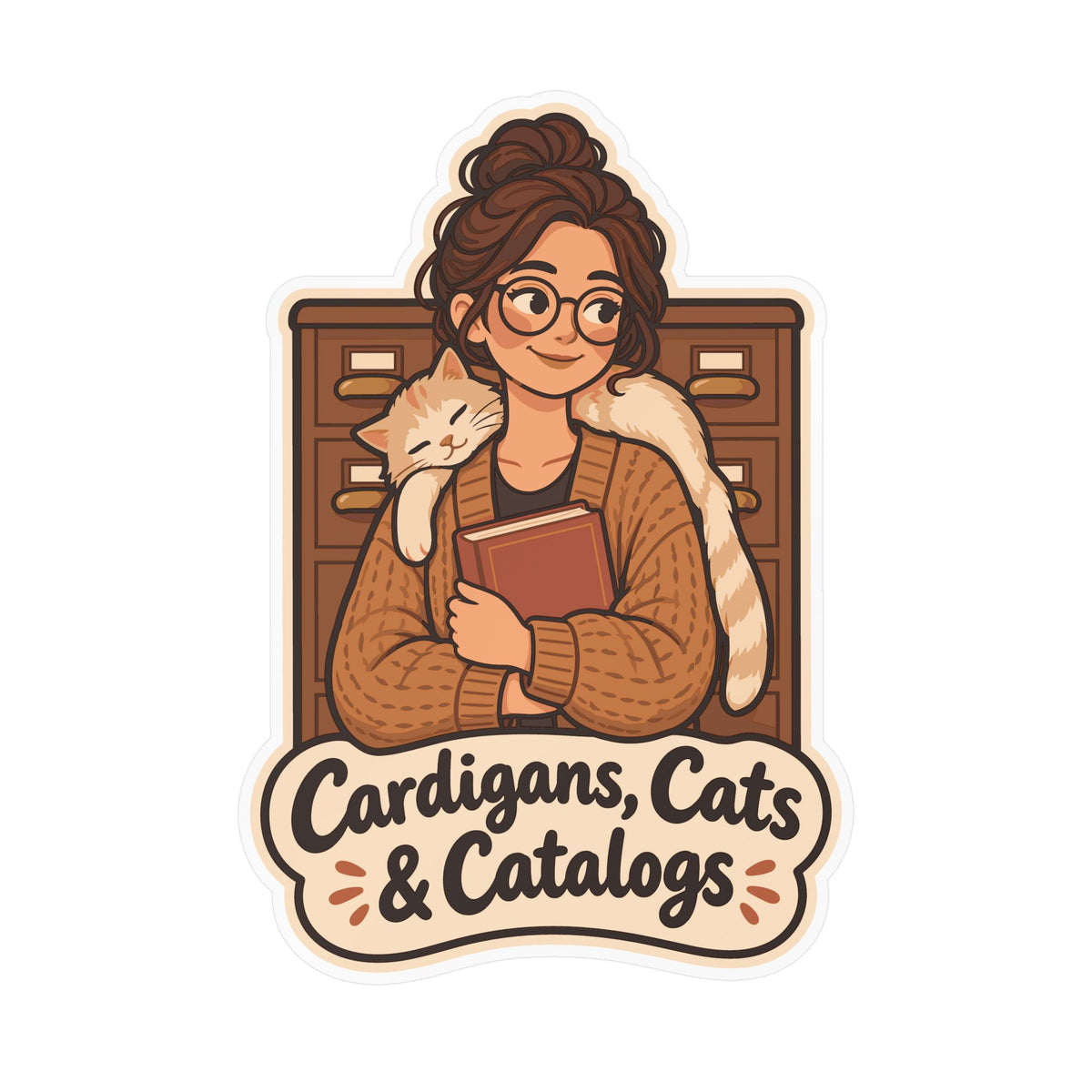 Librarian Sticker - Cardigans, Cats & Catalogs - Fabulous Book Lover Decals for Laptop or Water Bottle