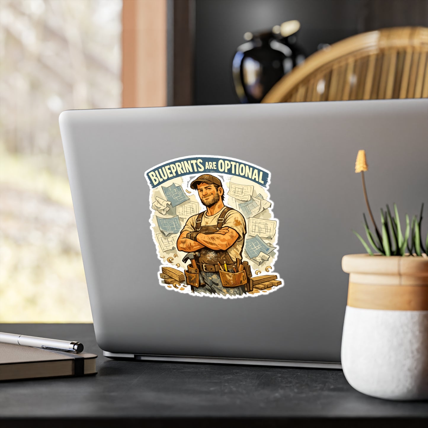 Carpenter Sticker "Blueprints Are Optional" Funny Woodworker Decals, Waterproof Vinyl for Laptop, Water Bottle