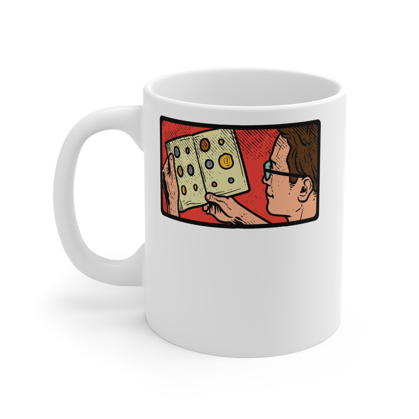 Coin Collector reading his album - Coin-collection Mug for Coffee 11oz. Coin-collection Cup, White ceramic, Relic Mug - Coin-collection Gift