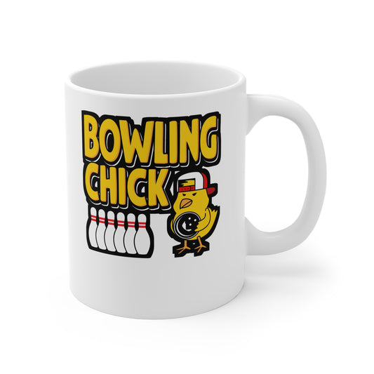 Bowling Chick - Bowling Mug for Coffee 11oz. Bowling Cup, White ceramic, Ten-pin Mug, Spare Tea Cup - Bowling Gift