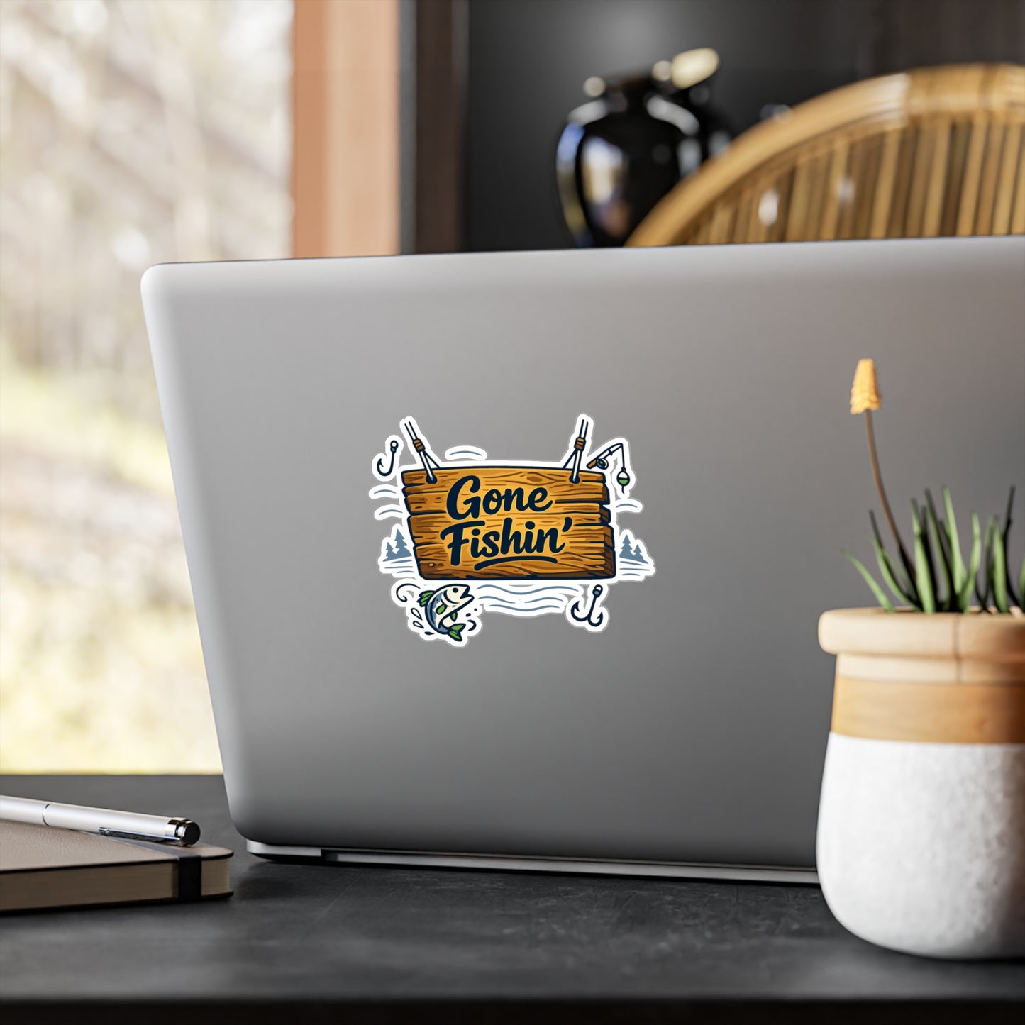Fishing Sticker Gone Fishin' Waterproof Vinyl Decals for Laptop or Water Bottle, Angling Lake Boating Design