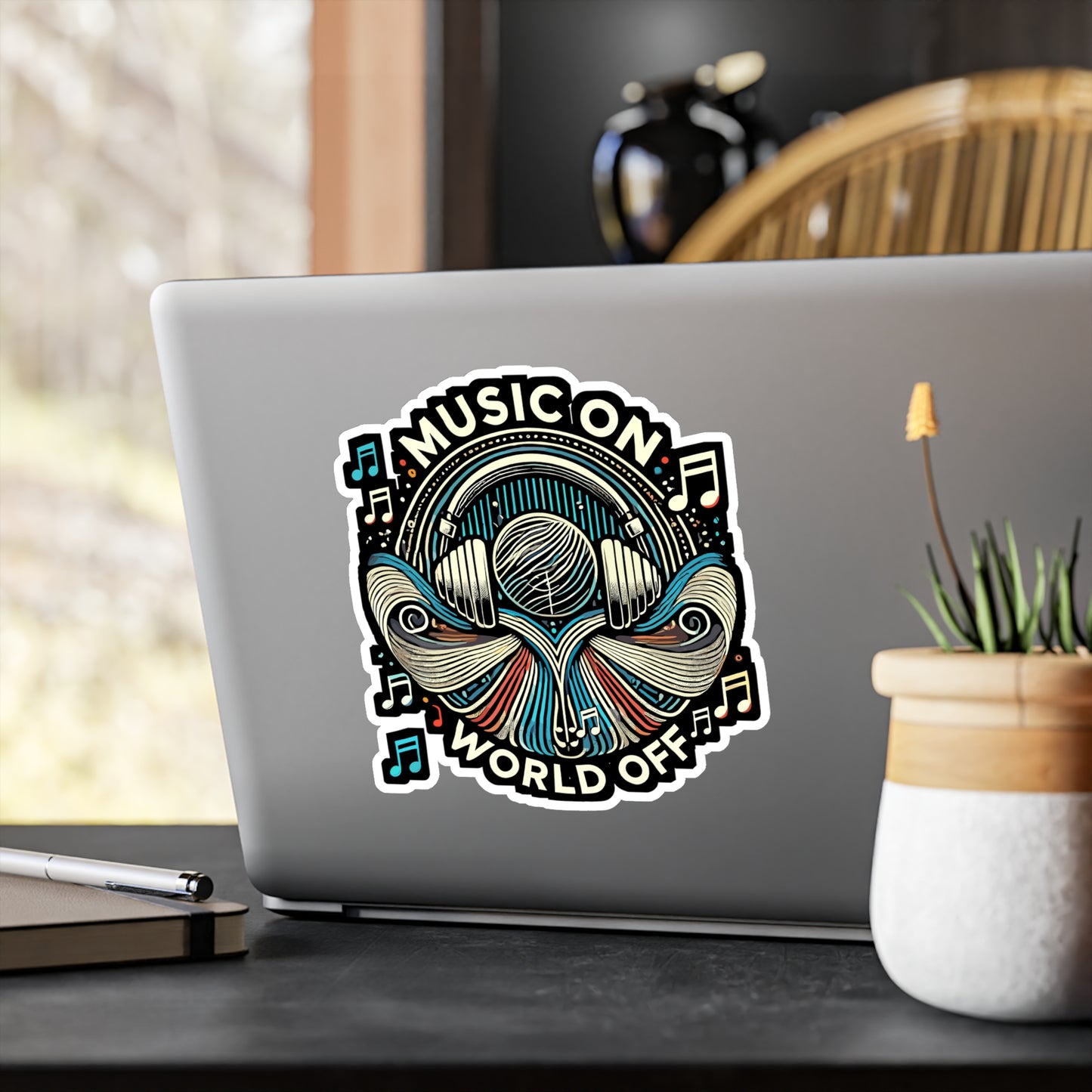 Music On World Off - Music Sticker for Laptop Sticker. Water Bottle Sticker, Vinyl Headphone Decal - Music Gift