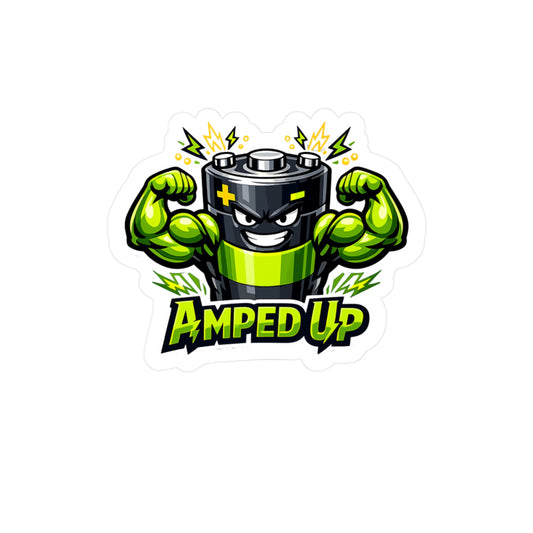 Electric Car Sticker Amped Up – Waterproof Vinyl decals for electric vehicle, rechargeable battery theme, Laptop, Water Bottle