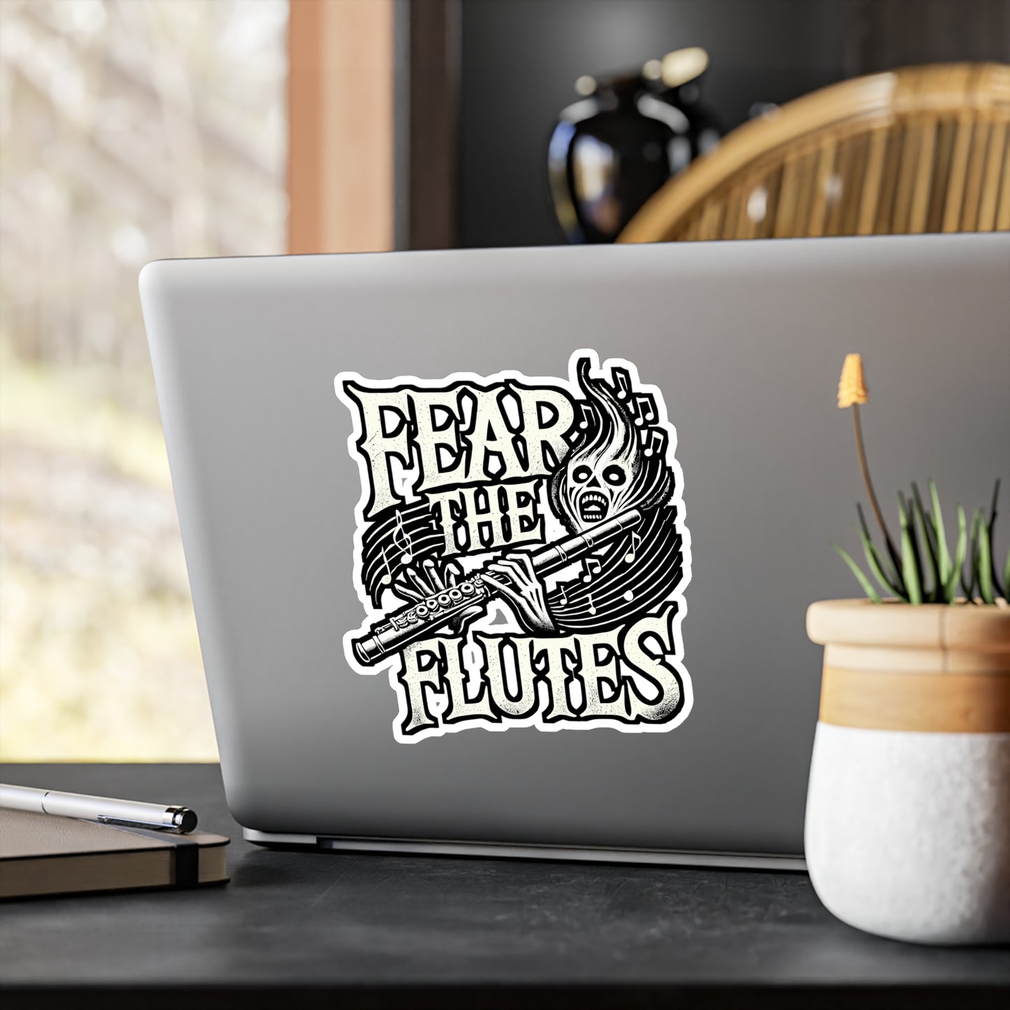 Fear The Flutes – Flute Sticker for Laptop, Car Window or Water Bottle | Marching Band Gift, Treble Clef Decal