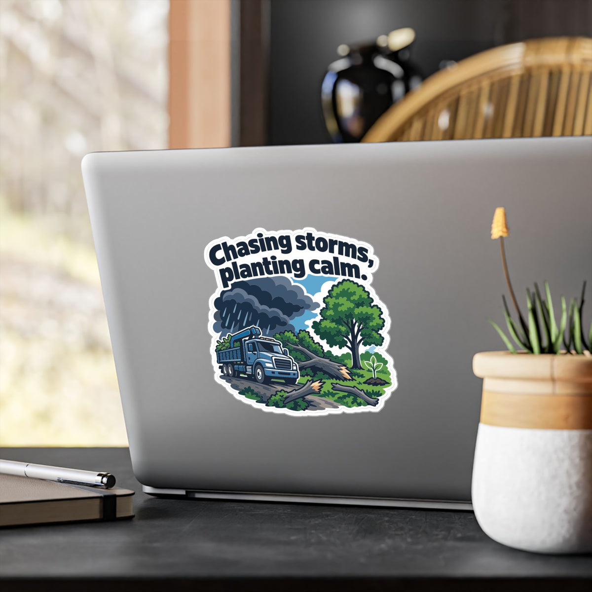 Tree Sticker - Chasing Storms, Planting Calm - Tree Worker and Branch Manager Decals for Laptop or Water Bottle