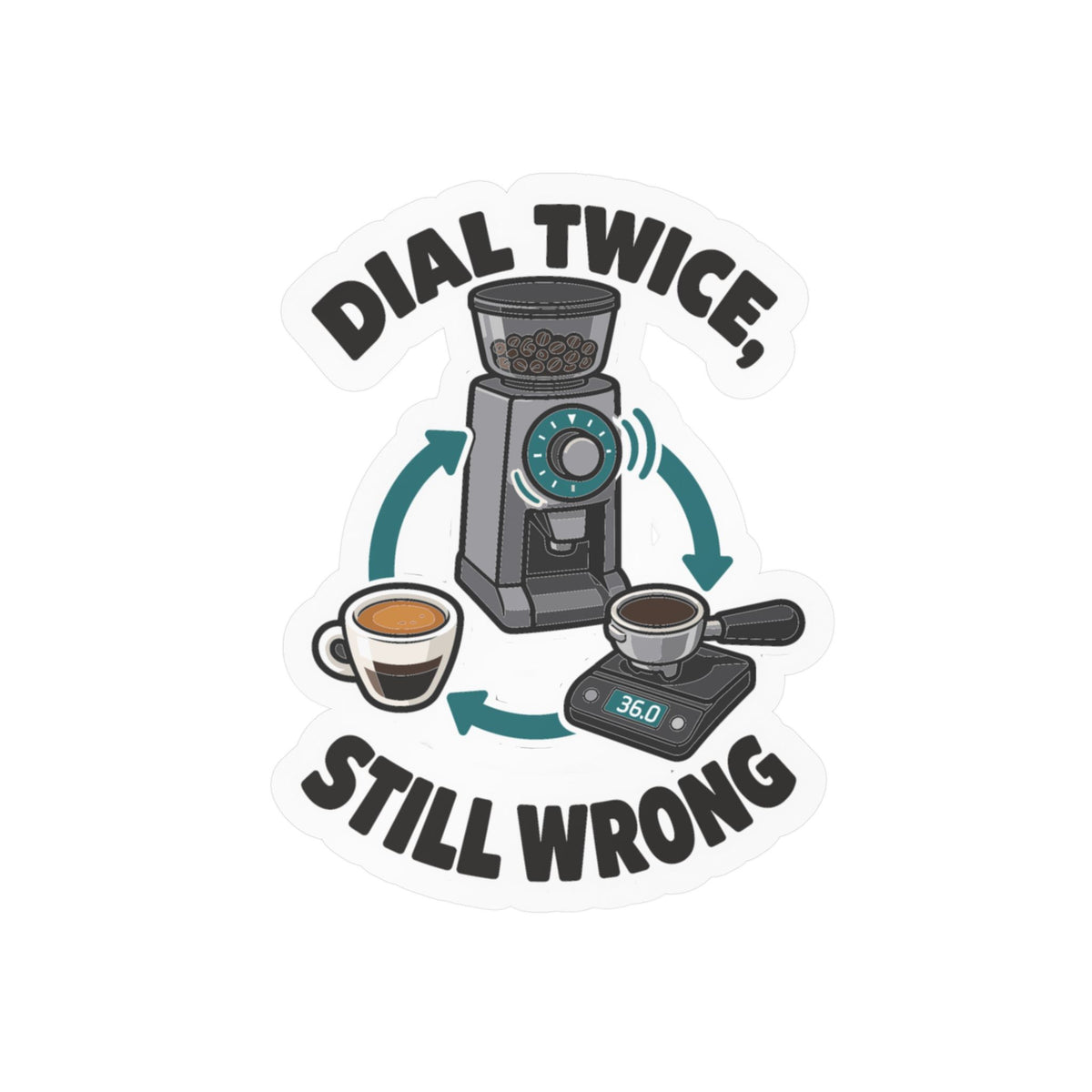 Espresso Sticker – Dial Twice, Still Wrong – Coffee Humor Decals for Your Grinder or Digital Scale