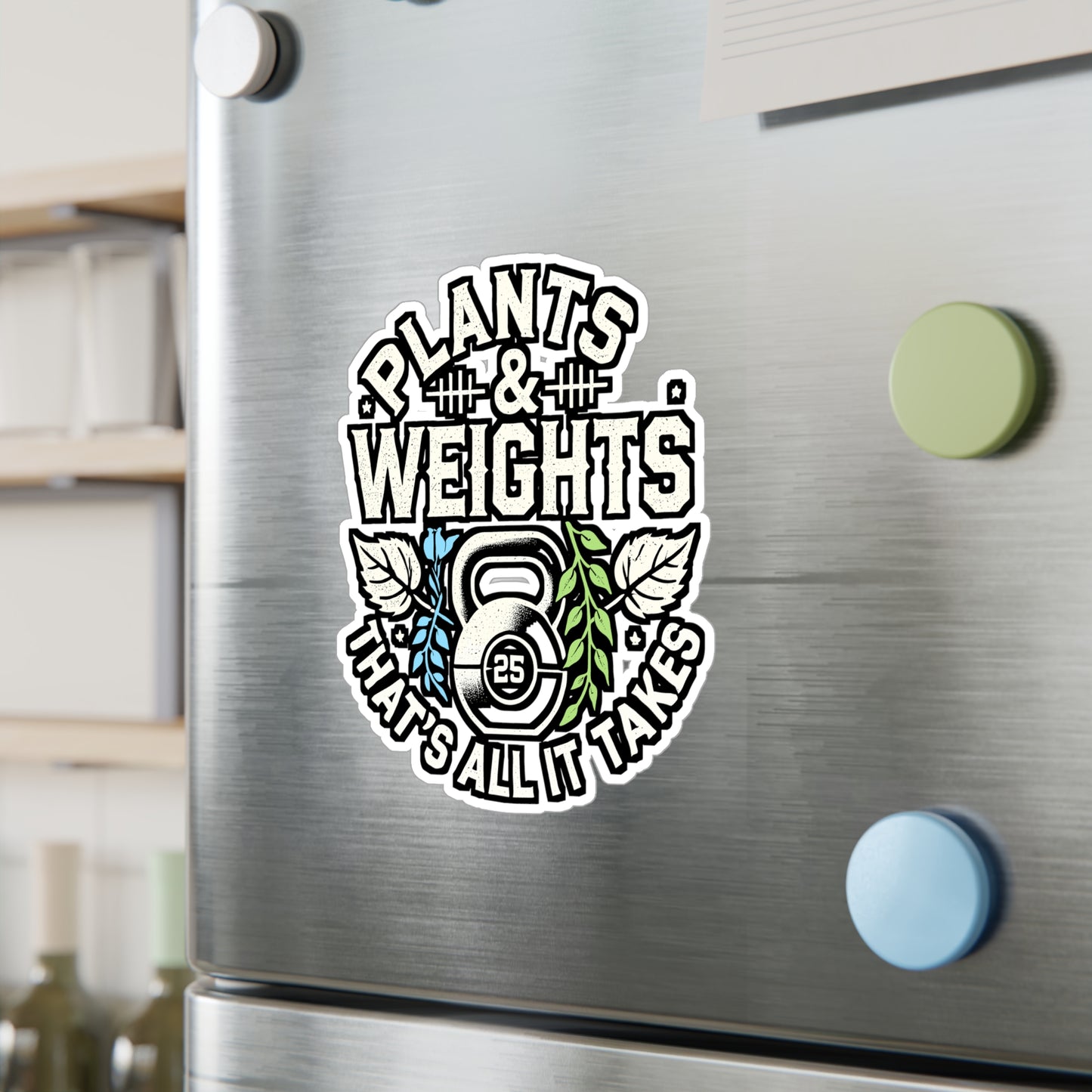 Plants & Weights – Vegan Sticker for Laptop & Water Bottle | Vinyl Weightlifting Decal, Fitness & Vegan Gift