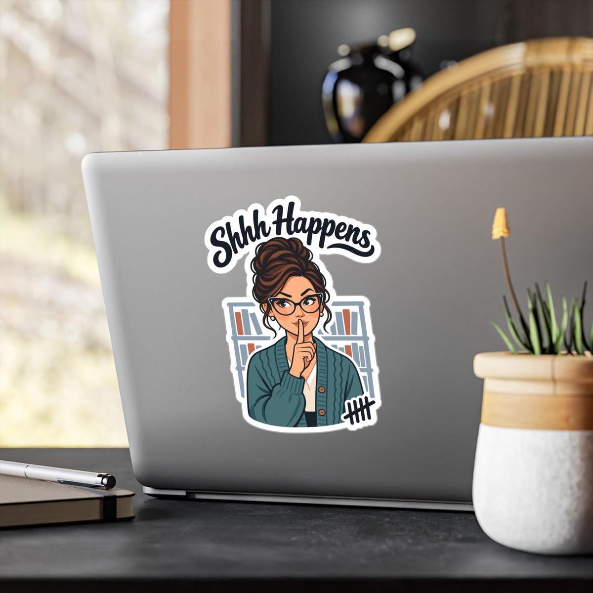Librarian Sticker - Shhh Happens, Fabulous Unicorn with Magical Charm, Decals for Laptop and Water Bottle