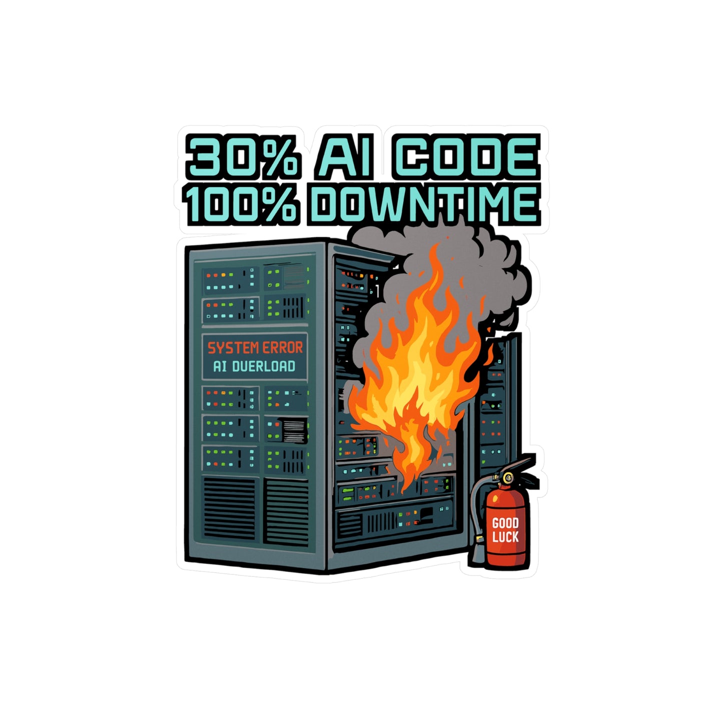 Server Sticker - “30 Ai Code 100 Downtime” Funny Burning Datacenter AI Decals, Waterproof Vinyl for Laptop, Water Bottle, Tech Accessories