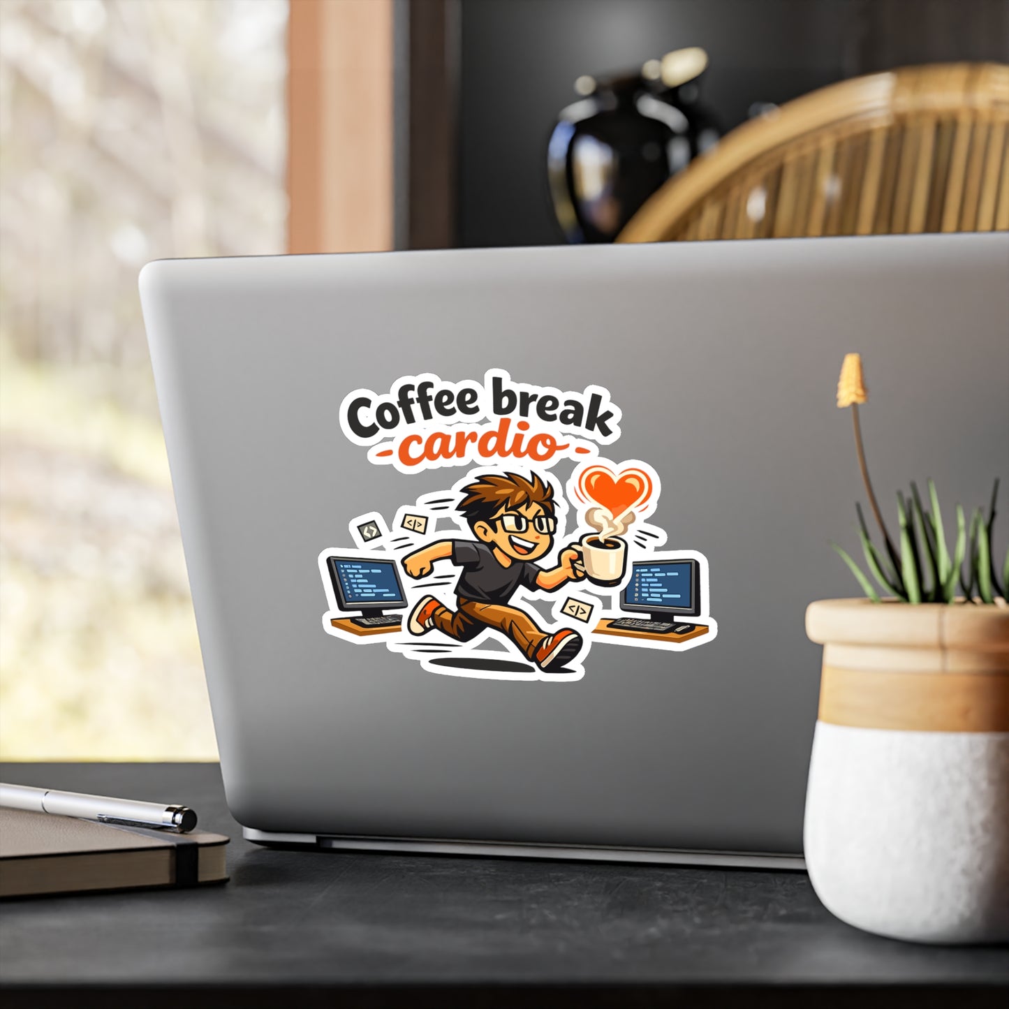 Coding Sticker Coffee Break Cardio Funny Programmer Vinyl Decals, Waterproof Laptop Water Bottle, Source Code Semicolon Humor