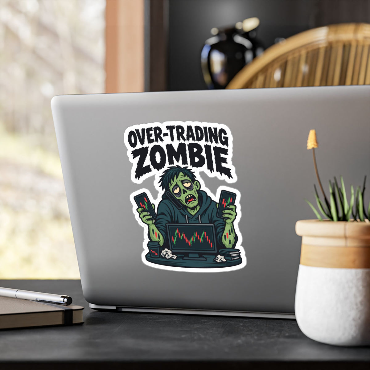 Day Trading Sticker - Over-Trading Zombie Design for Stock Market and Forex Traders, Laptop and Water Bottle Decals