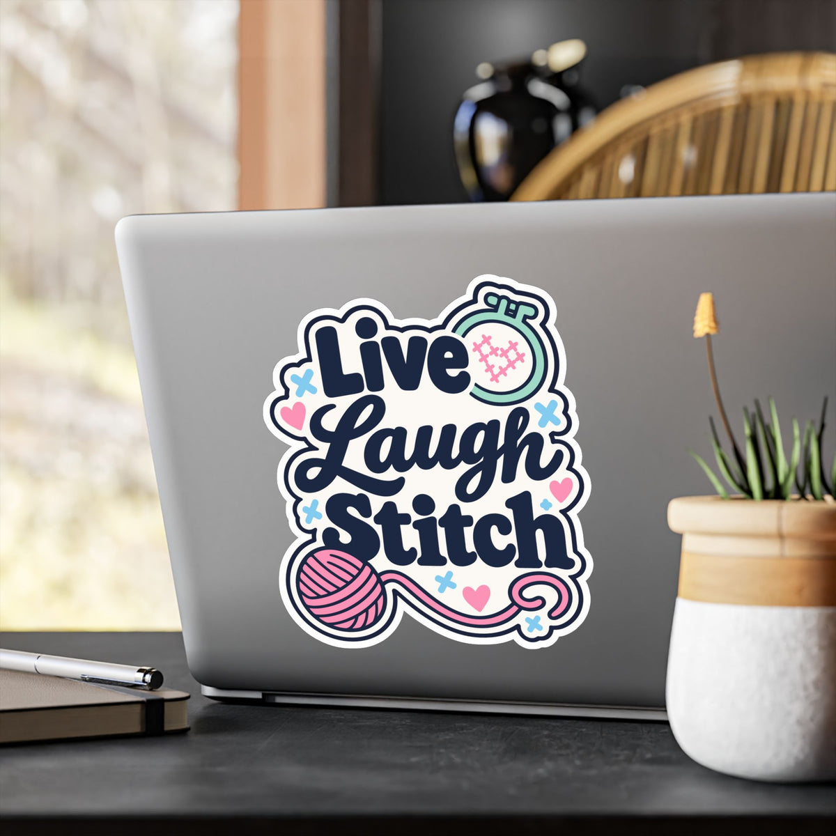Embroidery Sticker – Live Laugh Stitch Design for Needlework and Crafting Fans, Stitching Decals for Laptop or Water Bottle