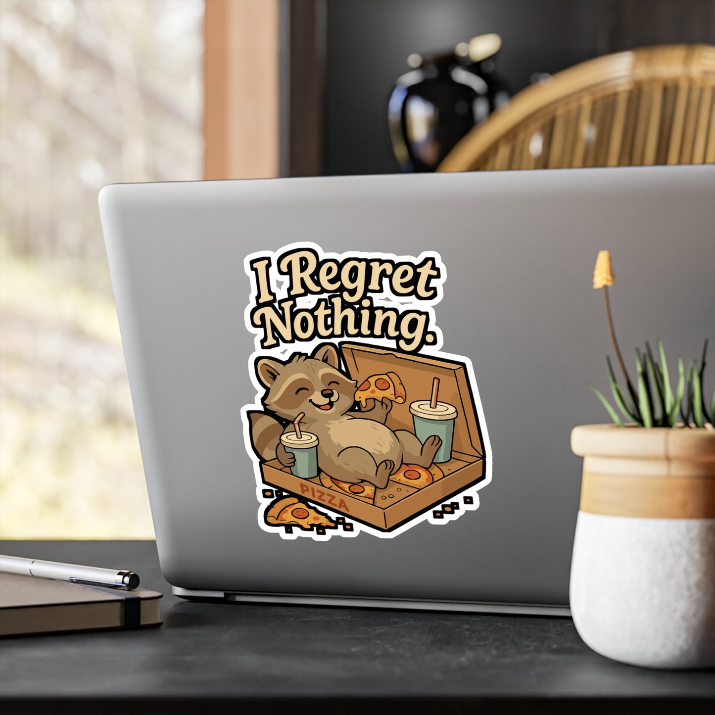 Lazy Sticker – "I Regret Nothing" Raccoon Pizza Decals, Funny Snack Vinyl Waterproof Sticker for Laptop, Water Bottle, Durable Decor