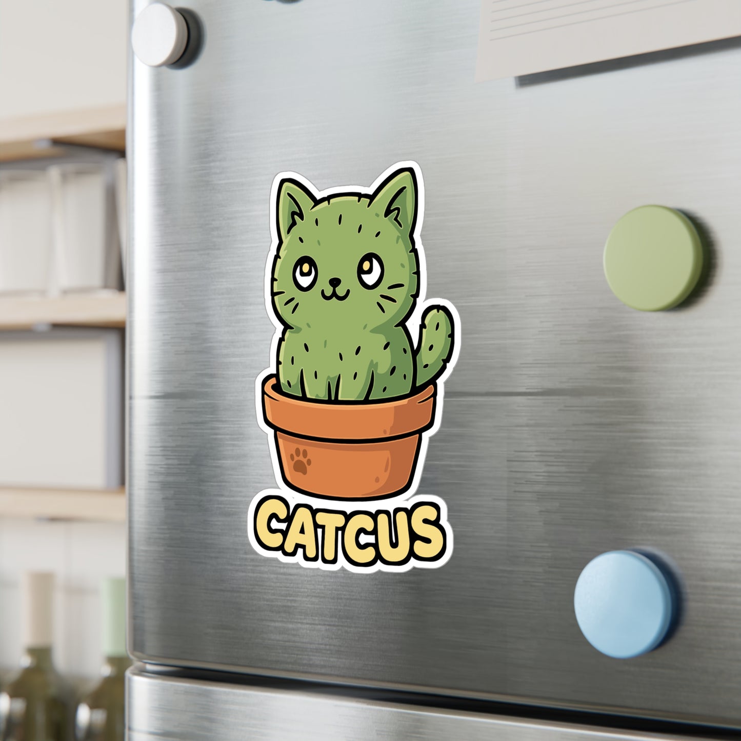 Cat Sticker – Funny Catcus Cactus Pun Illustration Vinyl Decals, Waterproof for Laptop, Water Bottle