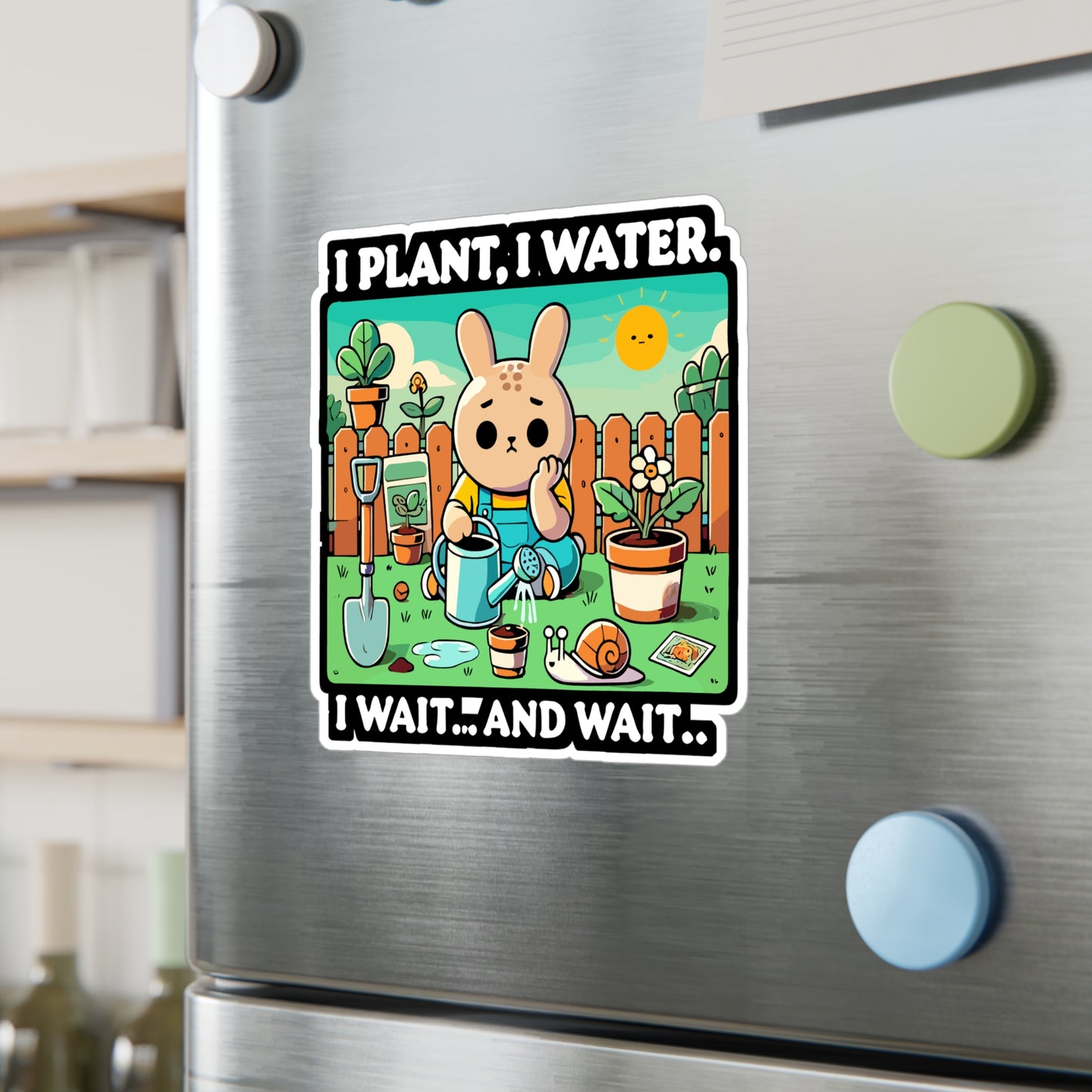 I Plant I Water I Wait and Wait - Gardening humor Sticker for Laptop Sticker. Water Bottle Sticker, Vinyl Cute bunny Decal - Gardening humor Gift