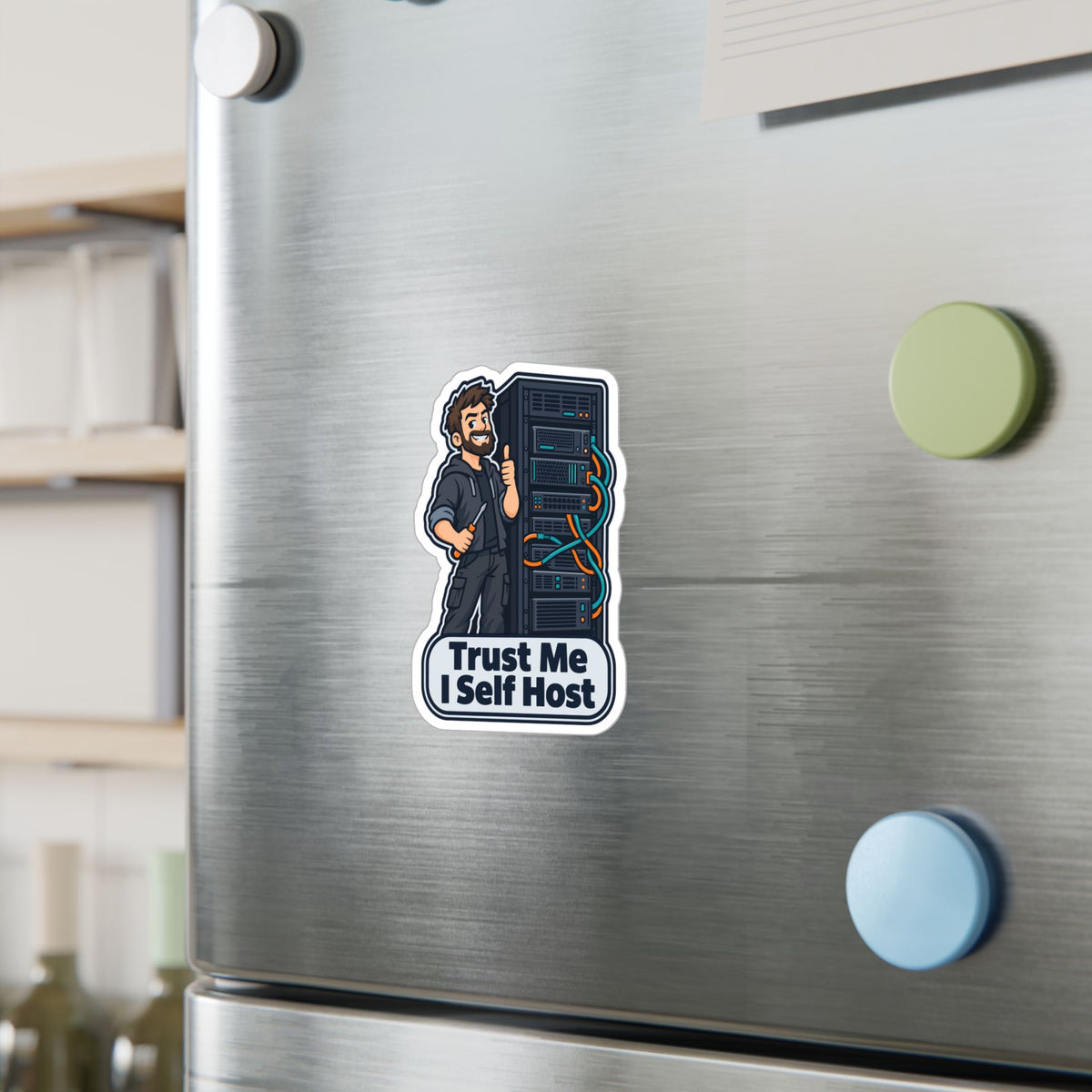 Tech Sticker – Trust Me I Self Host, Reboot Button Humor with a Bandage Twist, Decals for Laptop and Water Bottle