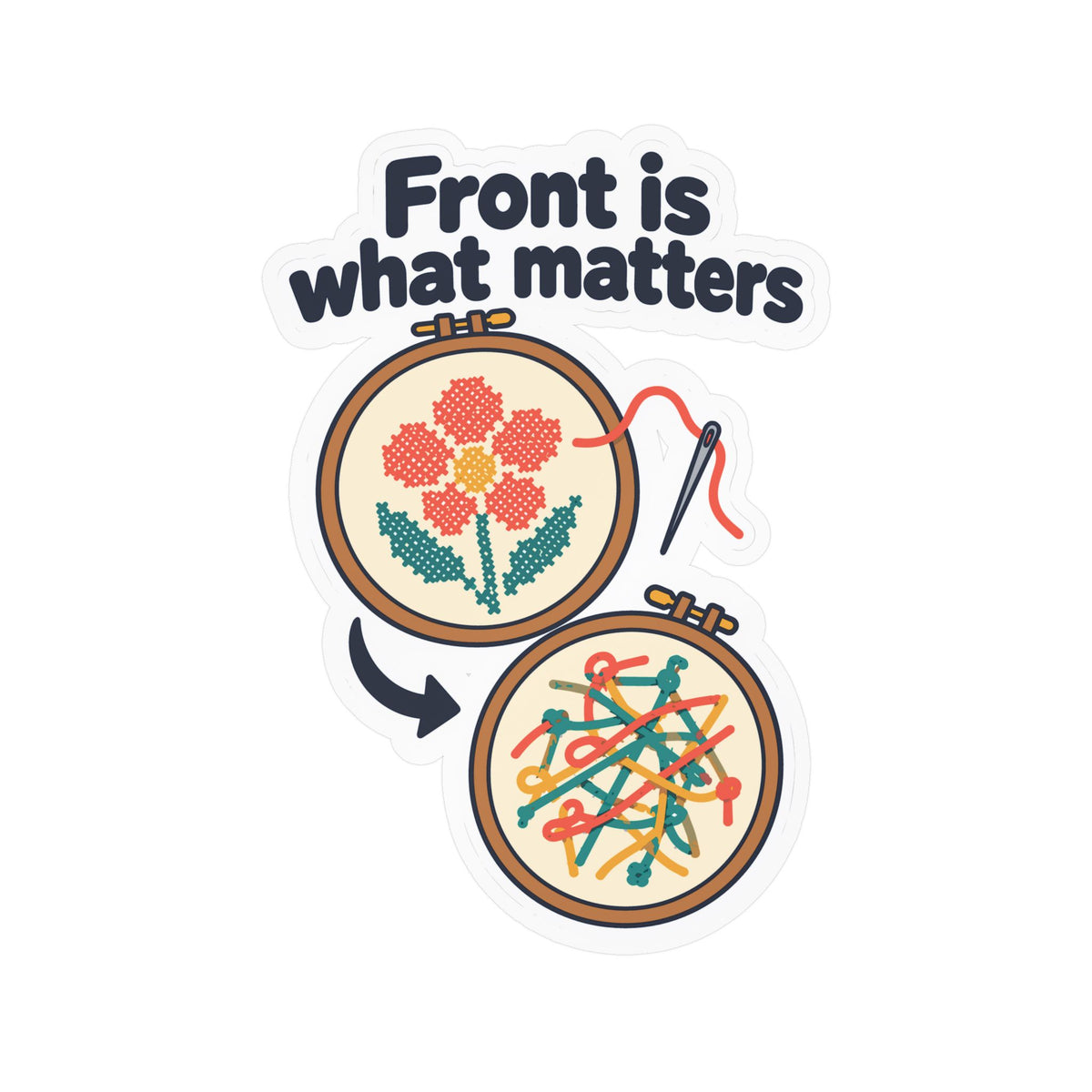 Embroidery Sticker - Front is what matters - Needlework Design for Crafting and Stitching Fans, Decals for Laptop or Water Bottle