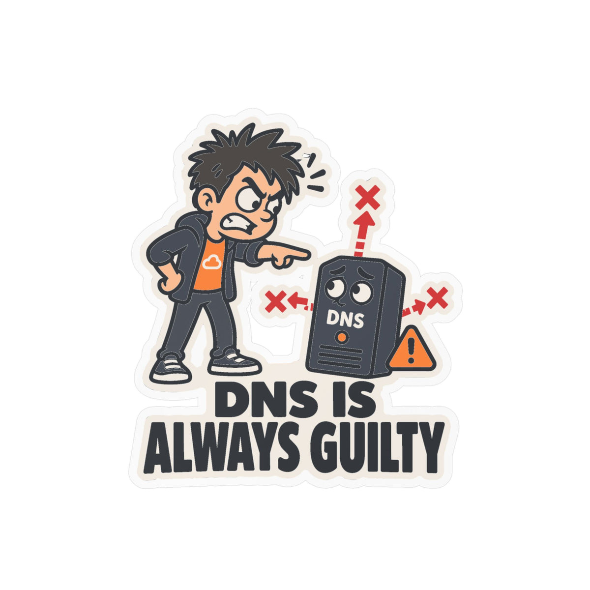 Frustrated Sticker - DNS Is Always Guilty, Cartoon Homelabber Pointing Accusingly, Funny Decals for Laptop and Water Bottle