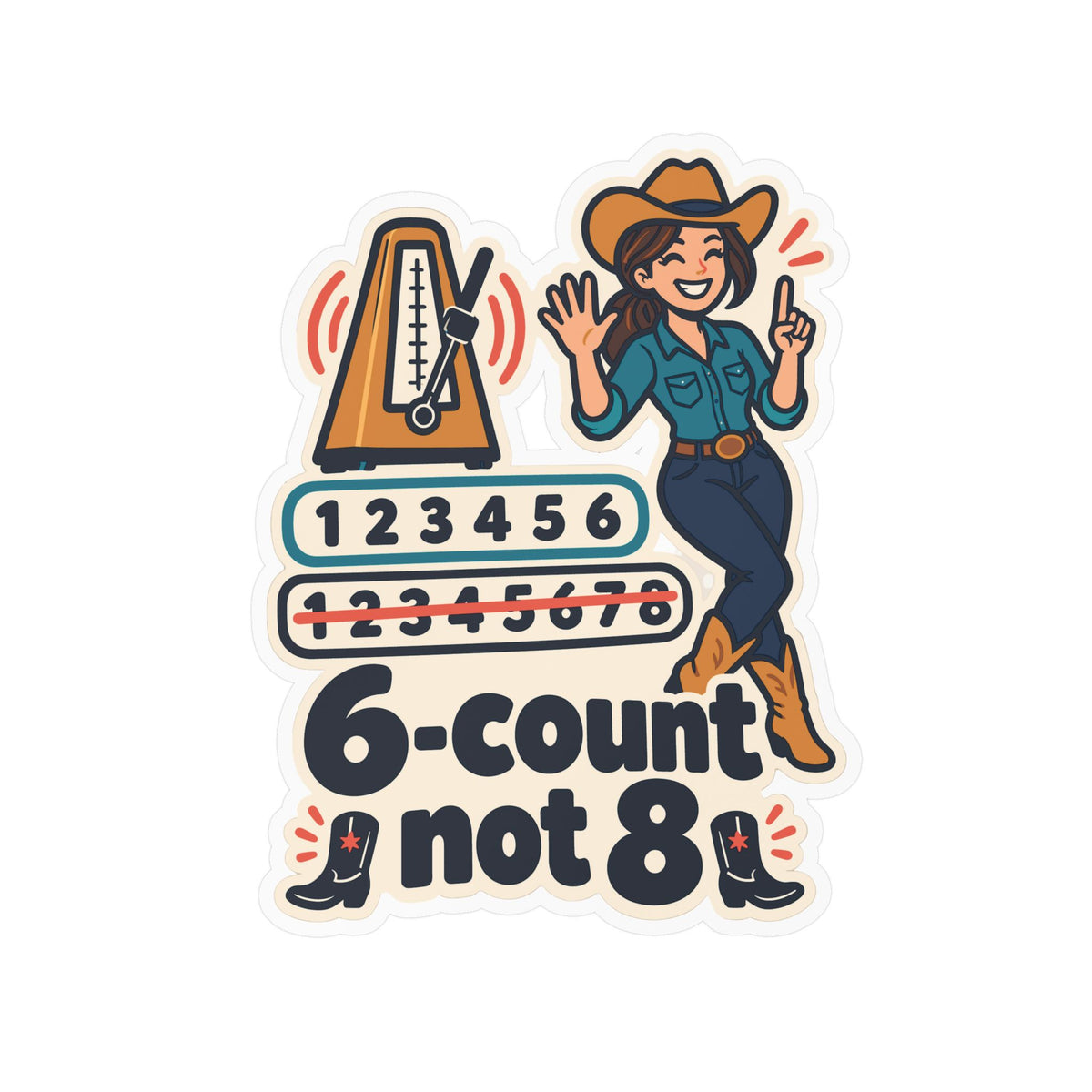 Line Dance Sticker – 6-count not 8, Country Dancer Design with Western Flair, Decals for Laptop or Water Bottle