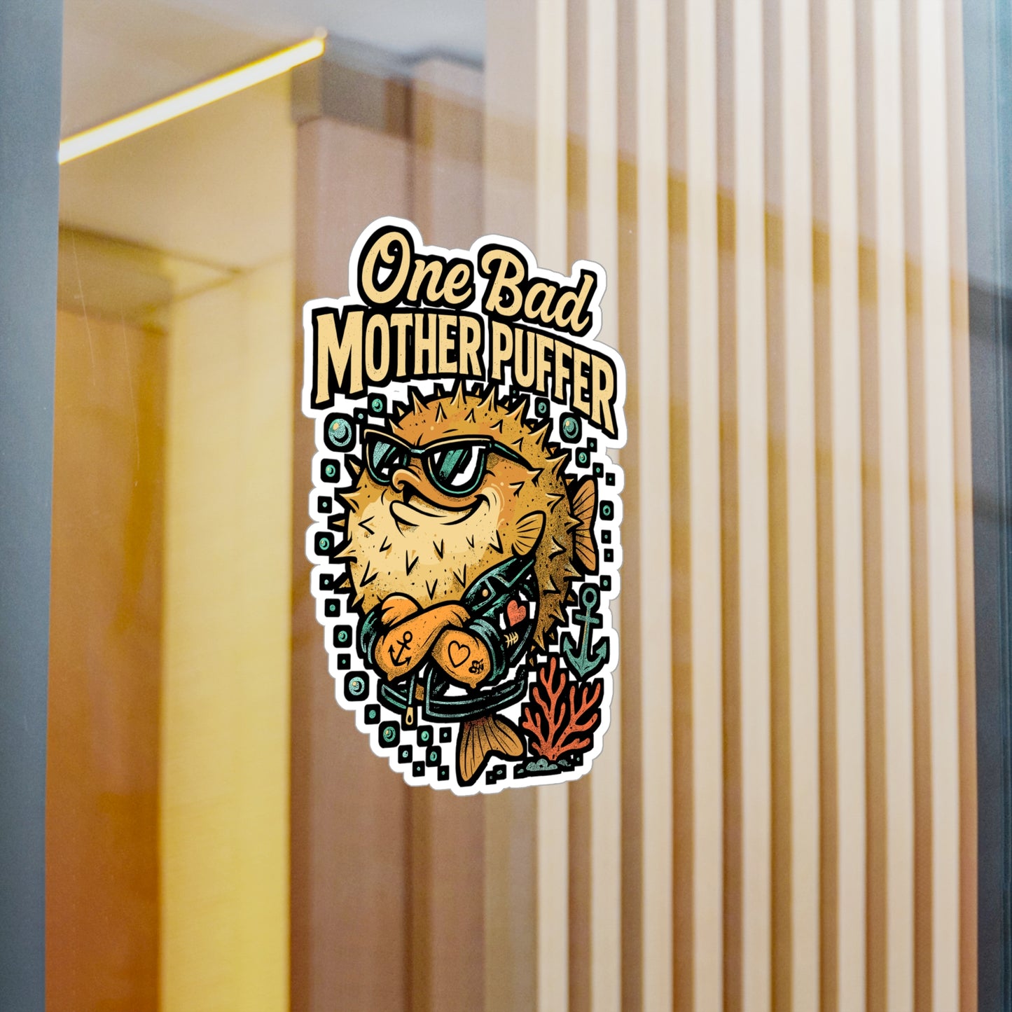 One Bad Mother Puffer – Funny Pufferfish Sticker for Laptop or Water Bottle | Vinyl Underwater Decal, Ocean Lover Gift