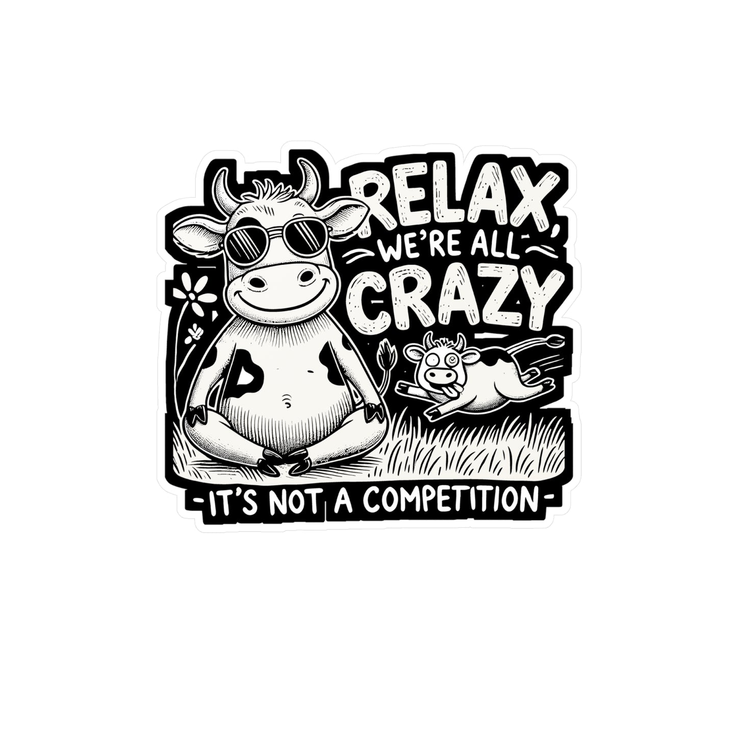 Relax We're All Crazy It's Not A Competition - Cow Sticker for Laptop Sticker. Water Bottle Sticker, Vinyl Heifer Decal - Cow Gift
