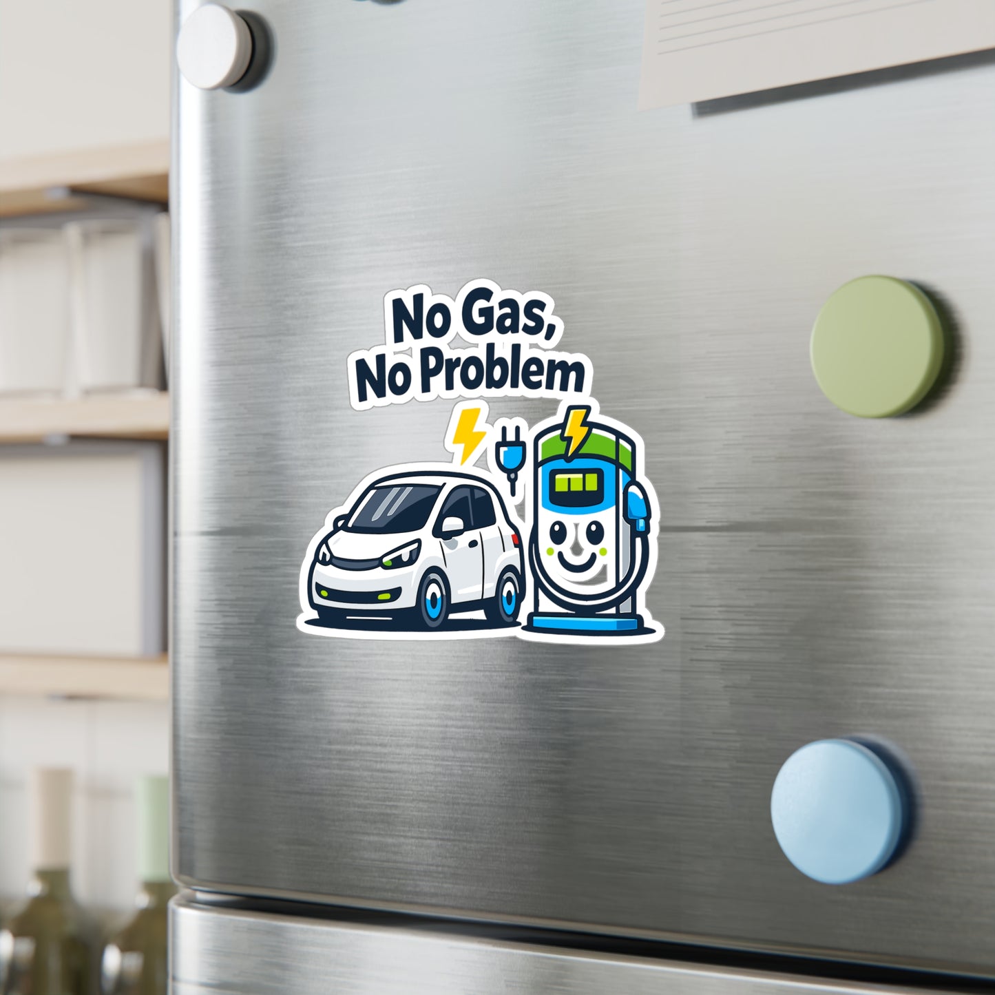Electric Car Sticker No Gas, No Problem – Waterproof Vinyl decals for Laptop or Water Bottle, Rechargeable Battery Electric Vehicle Design