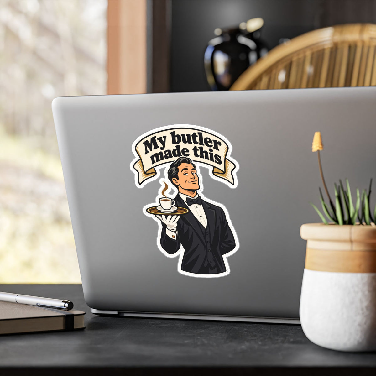 Butler Sticker - My Butler Made This - Retro Espresso Decals with Luxury Flair for Laptop and Water Bottle