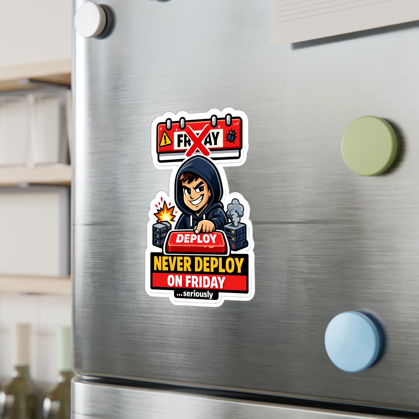 Coding Sticker Never deploy on Friday Programmer Design, Funny Source Code Semicolon Vinyl Sticker Decals for Laptop Water Bottle Waterproof