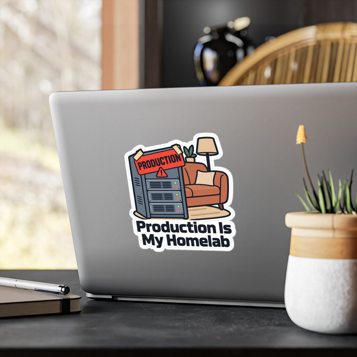Tech Sticker – Production Is My Homelab, Reboot Button Bandage Design Decals for Laptop and Water Bottle