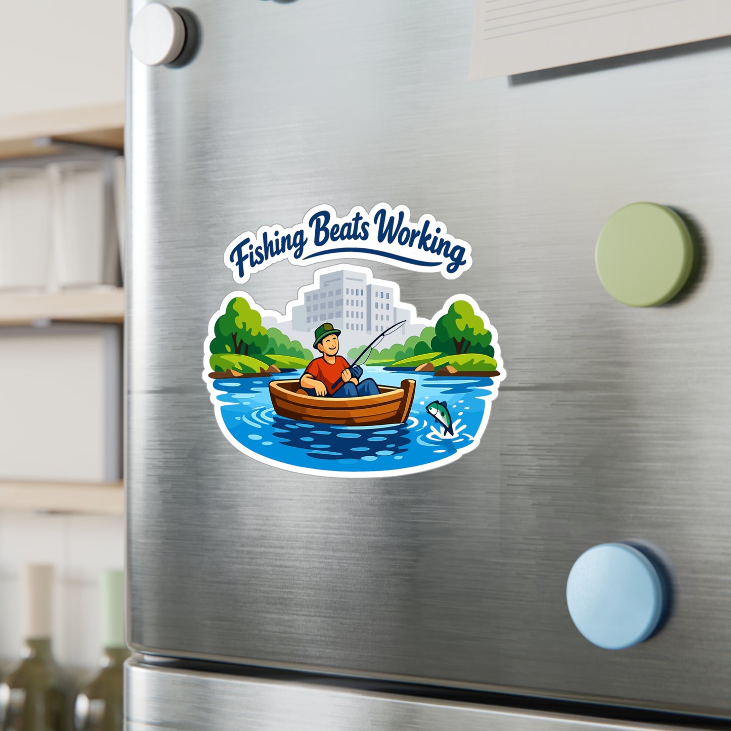 Fishing Sticker "Fishing Beats Working" Waterproof Vinyl Decals for Laptop, Water Bottle, Angling Lake Boating Fun