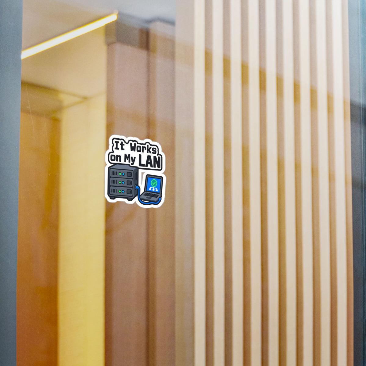 Server Sticker "It Works On My Lan" – Funny IT Decals for Laptop or Server Rack with LEDs