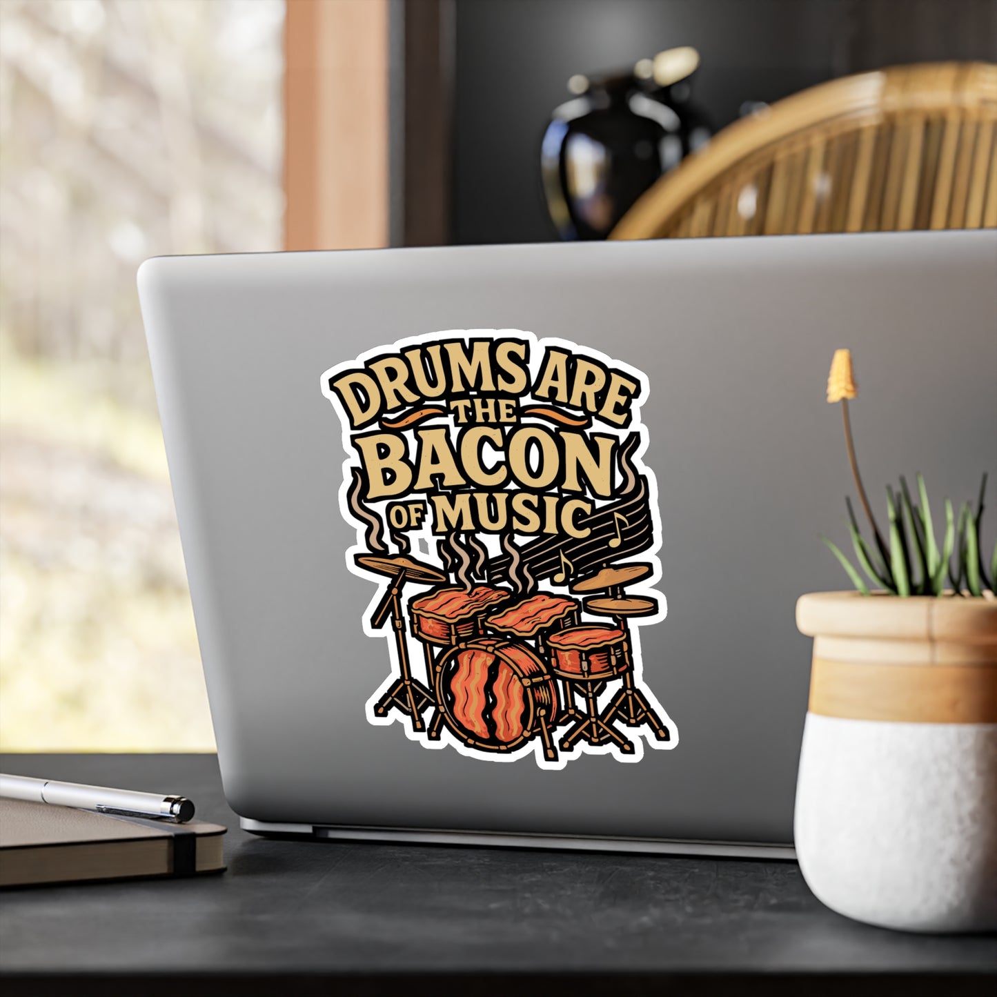 Drums Are The Bacon Of Music – Funny Drum Sticker for Laptop or Water Bottle | Vinyl Music Decal, Drummer Gift
