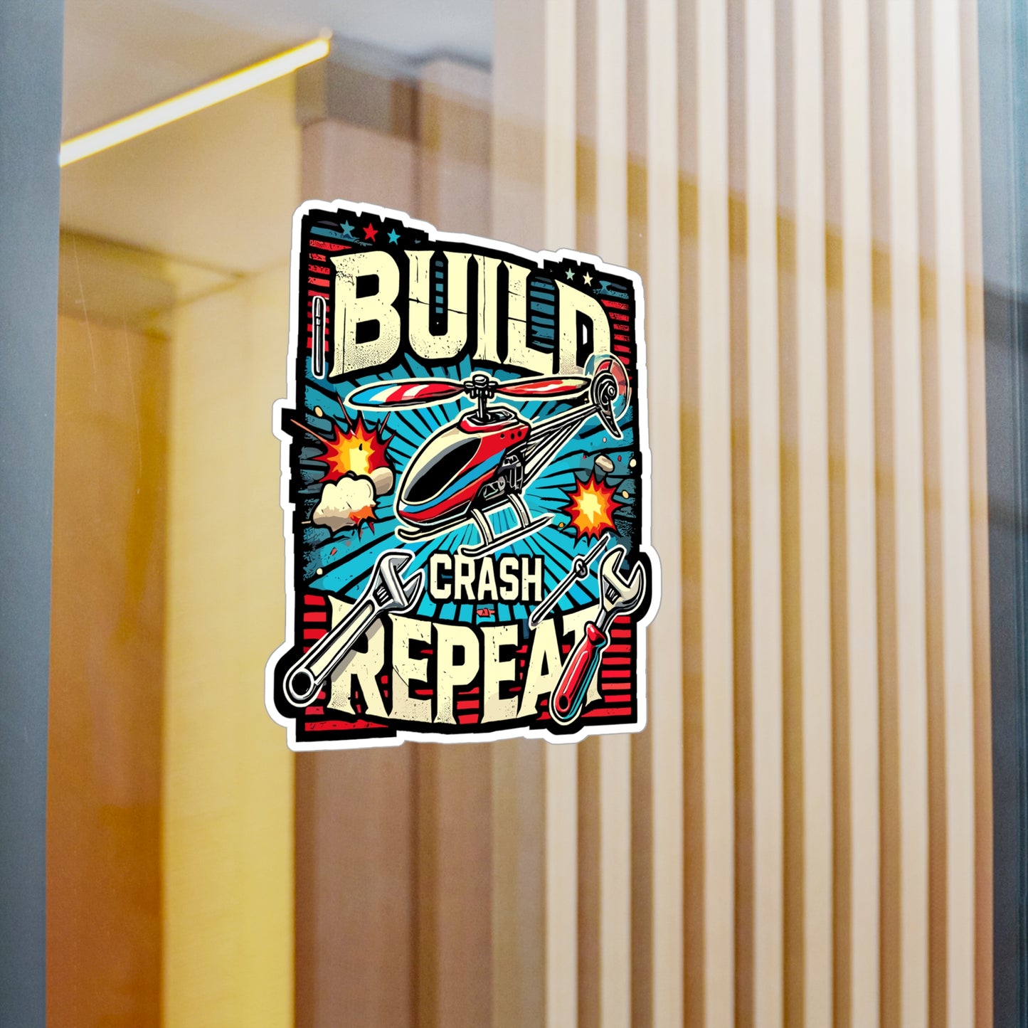 Build Crash Repeat - RC helicopter Sticker for Laptop Sticker. Water Bottle Sticker, Vinyl Model building Decal - RC helicopter Gift