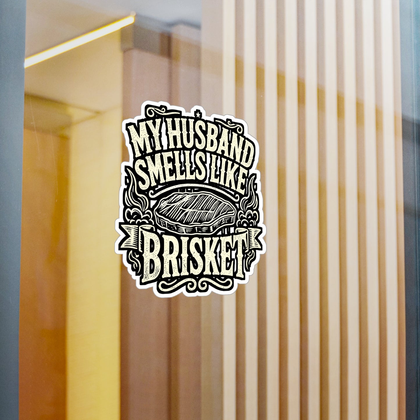 My Husband Smells Like Brisket – BBQ Vinyl Decal for Laptop or Water Bottle | Funny Smoker Gift for BBQ Lovers