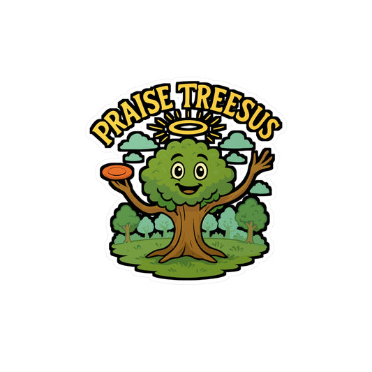 Disc Golf Sticker, Praise Treesus Design – Funny Frisbee Player Decals for Laptop, Water Bottle, Outdoors, Waterproof Vinyl