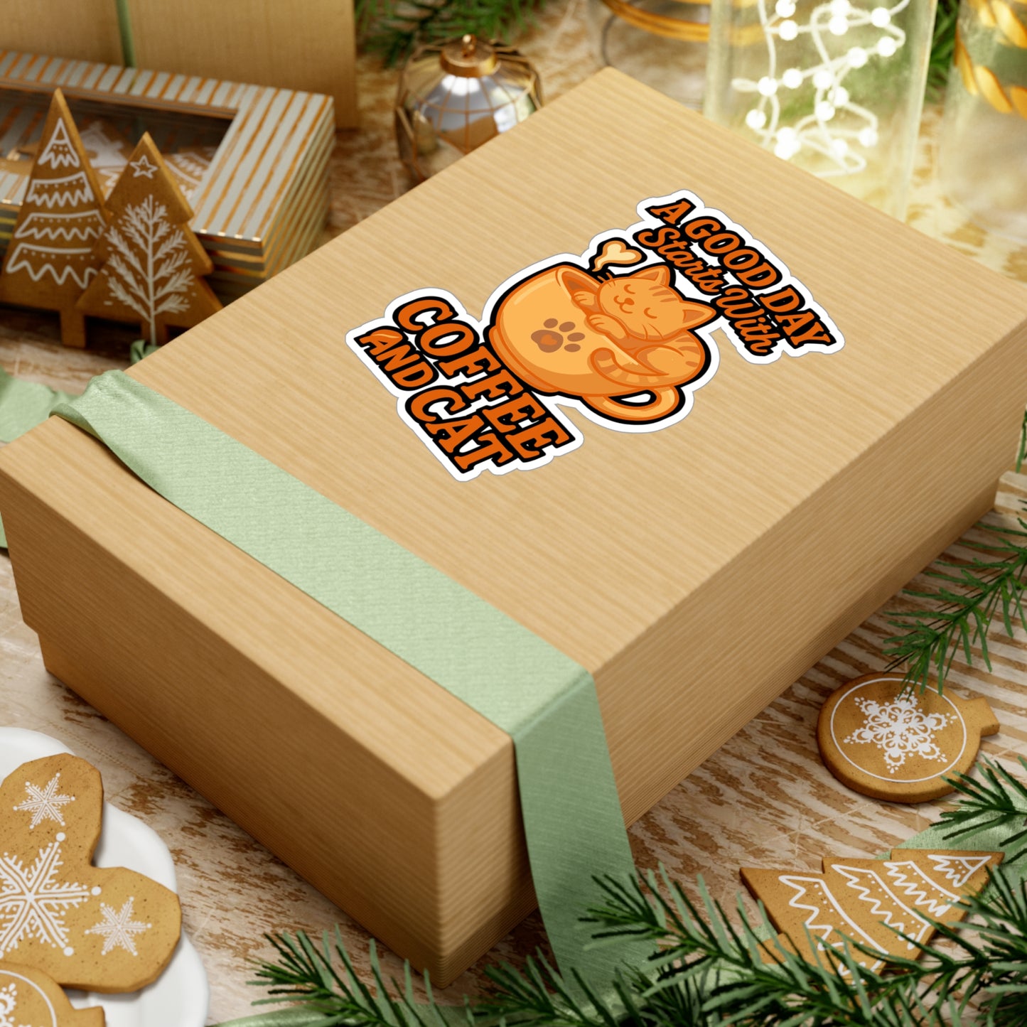 A Good Day Starts With Coffee And Cat - Coffee Sticker for Laptop, Water Bottle - Gift for Cat Lovers, Caffeine Fans