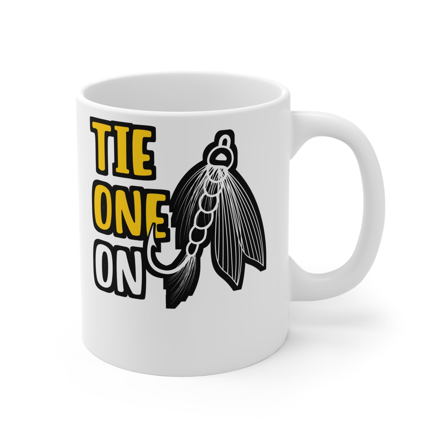 Tie One On Fly Fishing - Fishing Mug for Coffee 11oz. Fishing Cup, White ceramic, Angling Mug, Lake Tea Cup - Fishing Gift